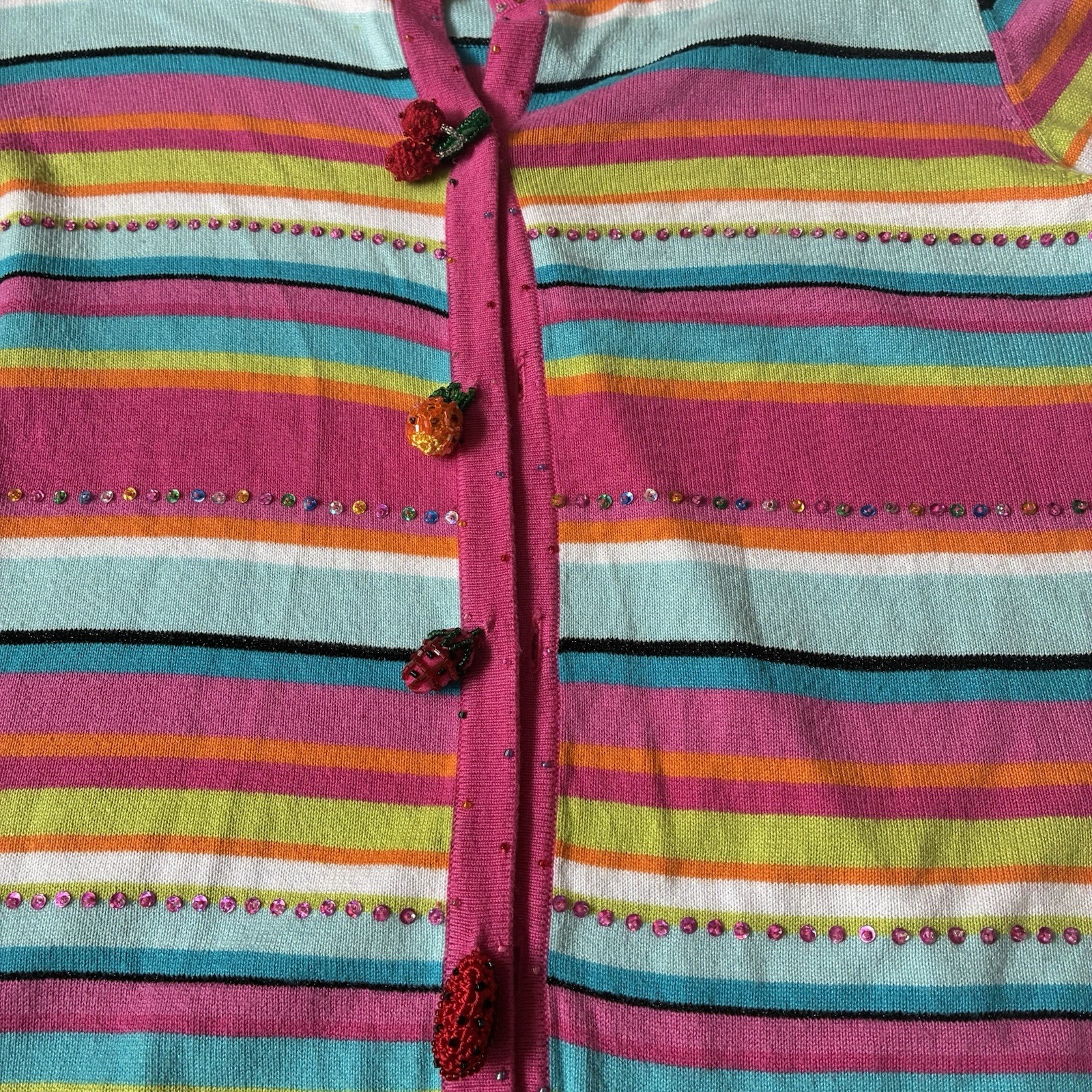 JACK B QUICK Summer Fruit Stripes Embellishment Beaded Sequin Cardigan Whimsical