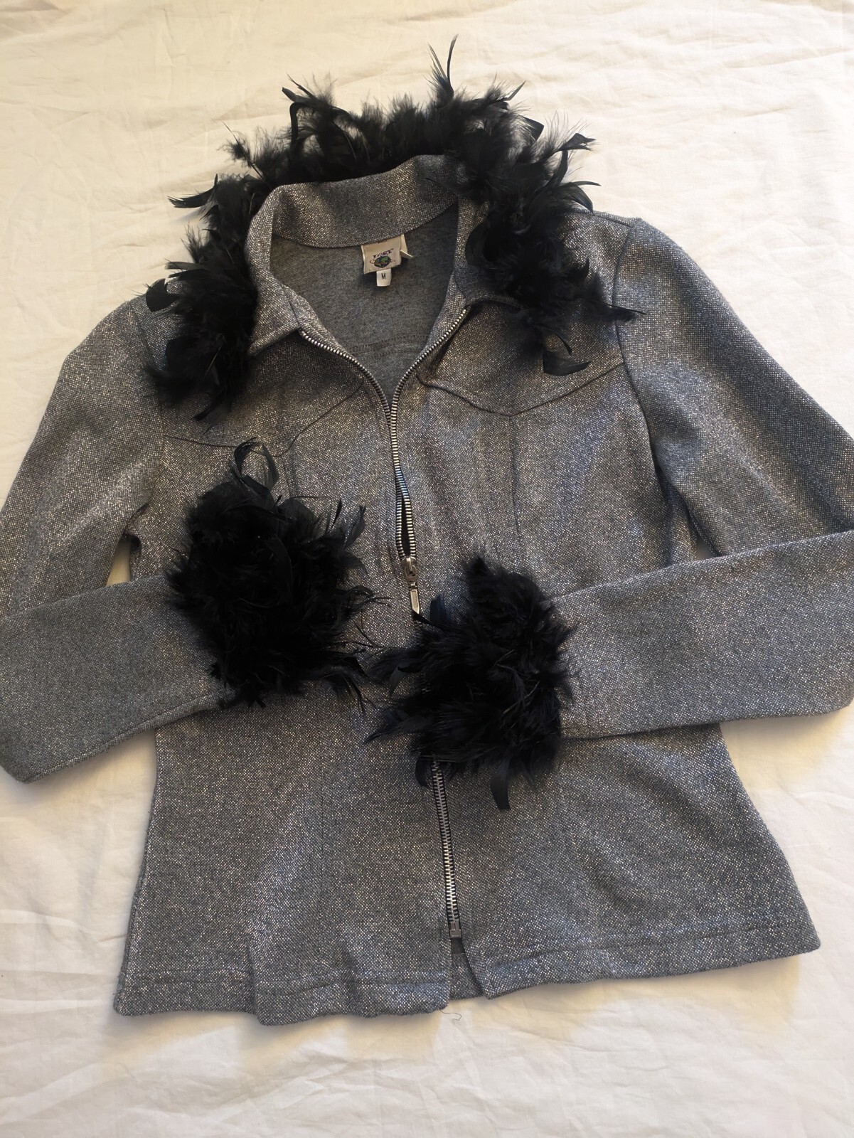 Vintage 90s Silver Black Feather Collar + Cuff Zip Jacket MGR Universe Brittany