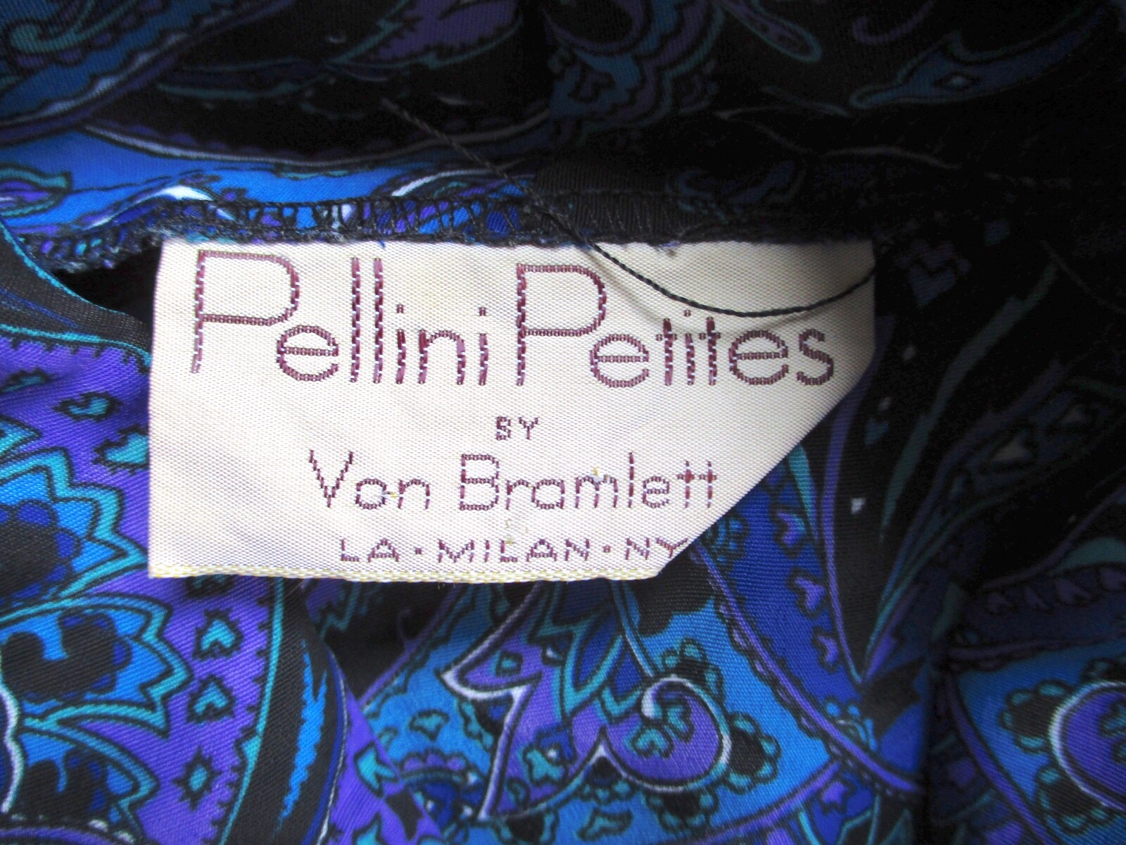 Vtg 80s purple blue paisley silky poly secretary dress pockets elastic waist PM