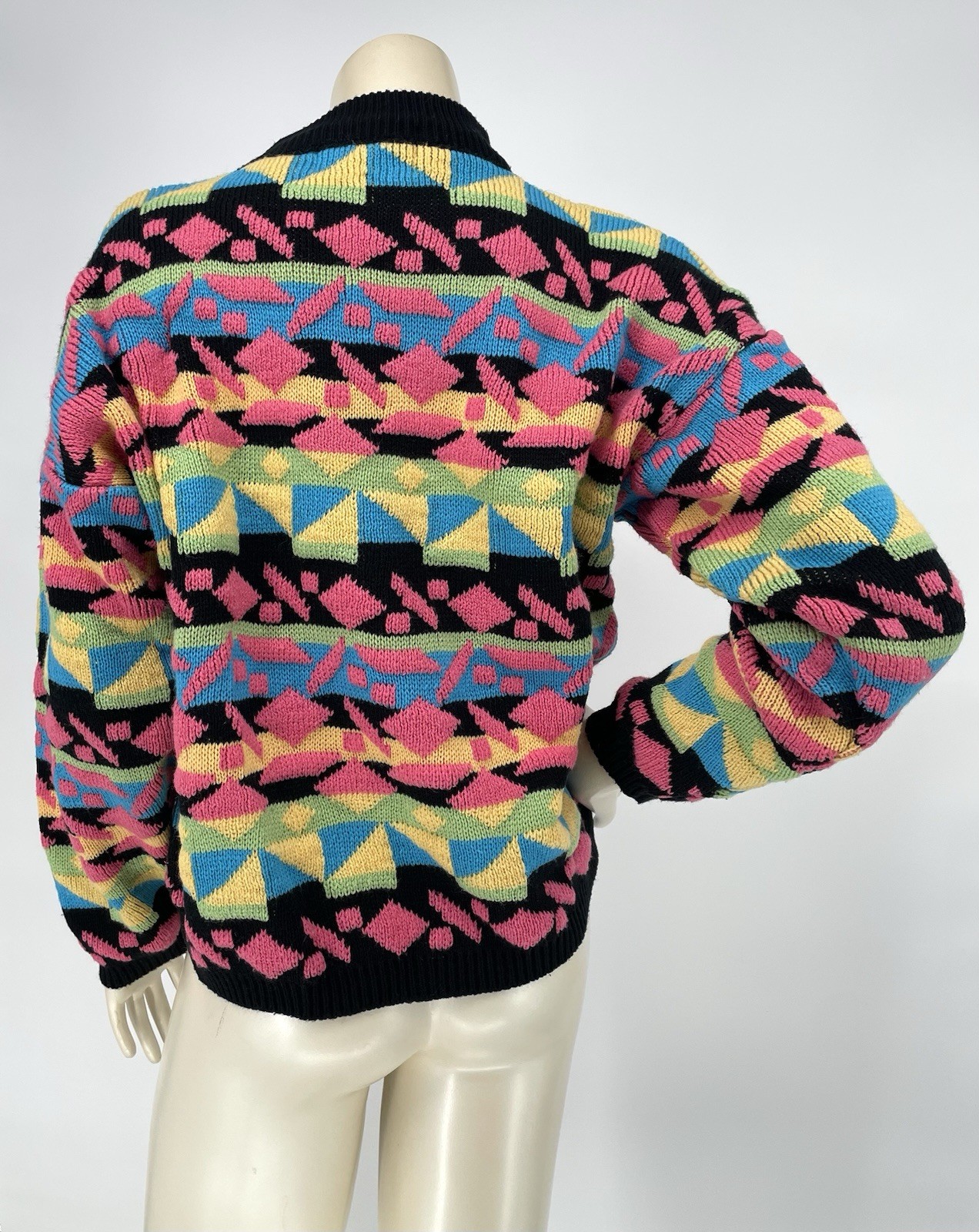 VTG 1980s Rainbow Geometric Oversized Slouchy Retro Mock Neck Knit Sweater med