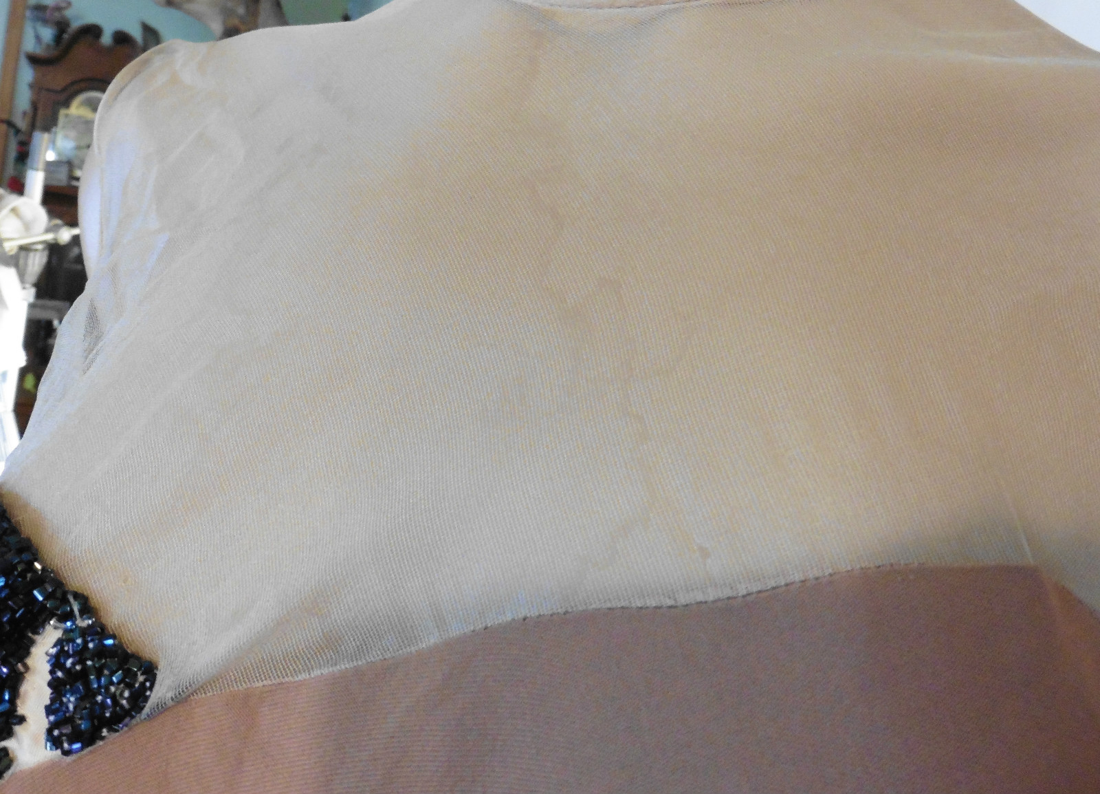 50s Beige Crepe Dress w/ Illusion and (Weird) Beading on Bodice Sz S