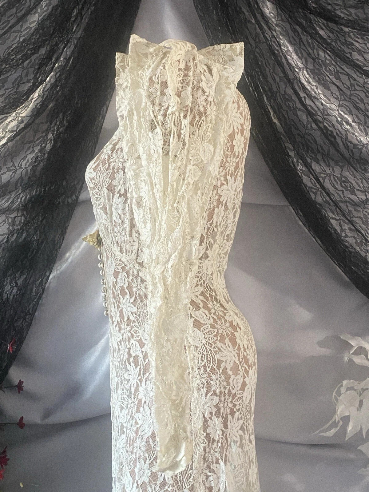 VTG 1920s LACE Lame Dress HOLLYWOOD SHEER MOVIESTAR MAXI DUSTER DRESS PEARL LILY