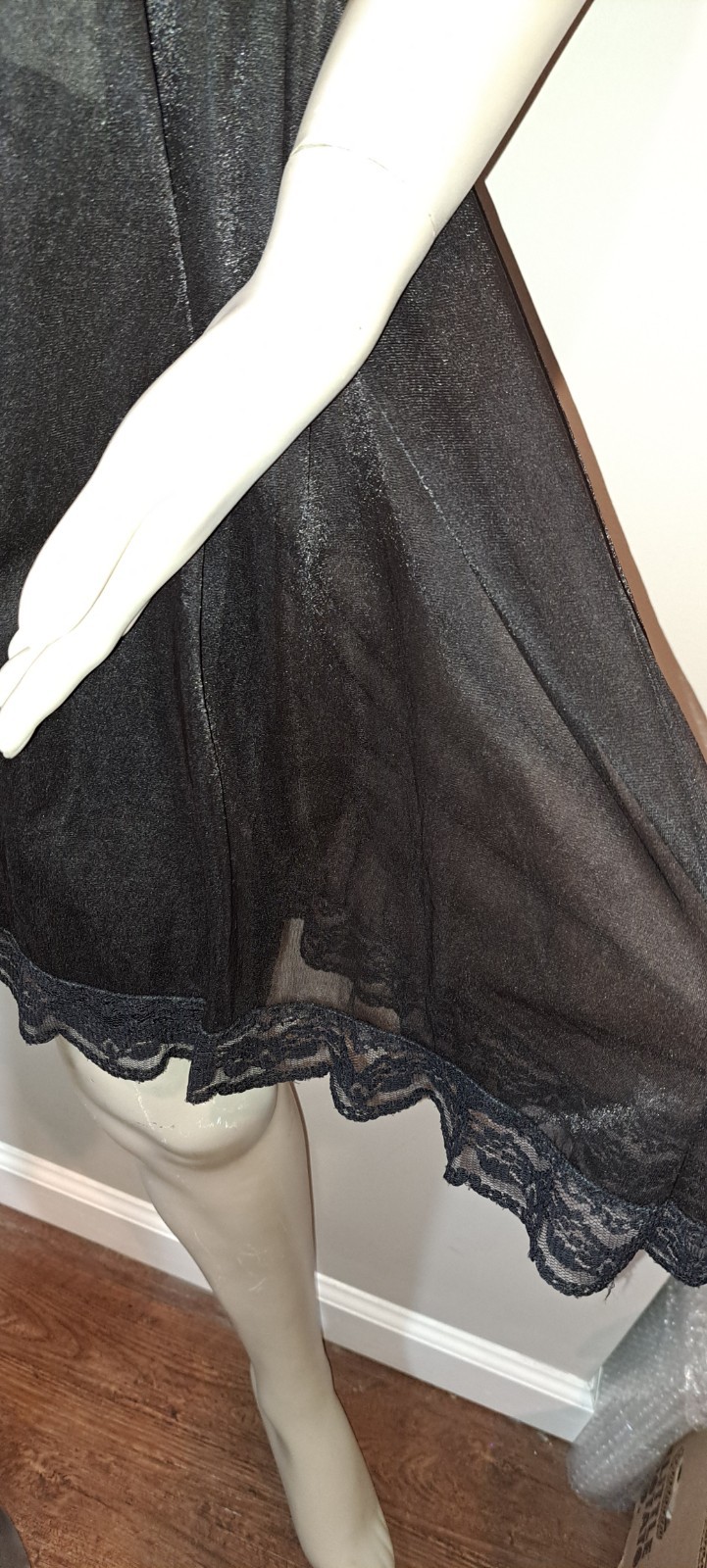 Vtg 60s Movie Star Black Floaty Waltz Nightgown Sml Peek A Boo Bust Lace S