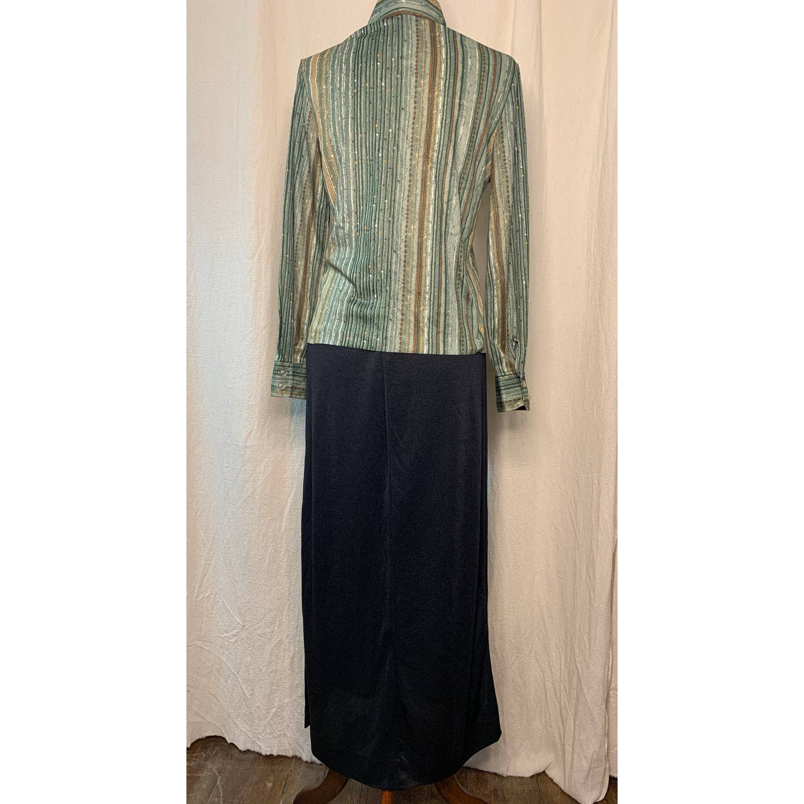 1970s Devon Retro Disco Earth Tones Stripe Dagger Collar Shirt Maxi Skirt Set M