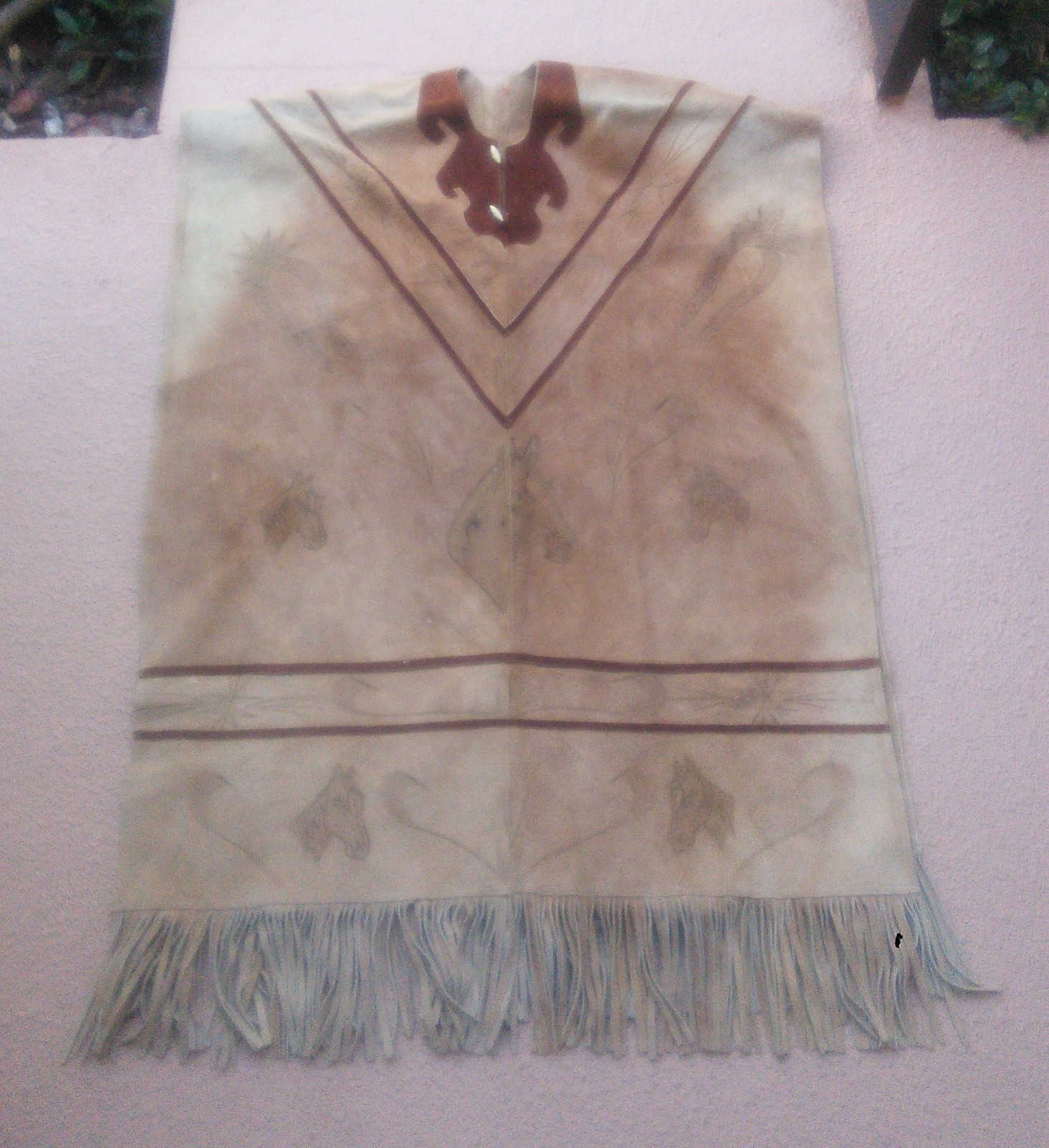 Vintage Men’s Mexican Handmade Suede Leather Poncho Western Fringe Hand Drawn OS