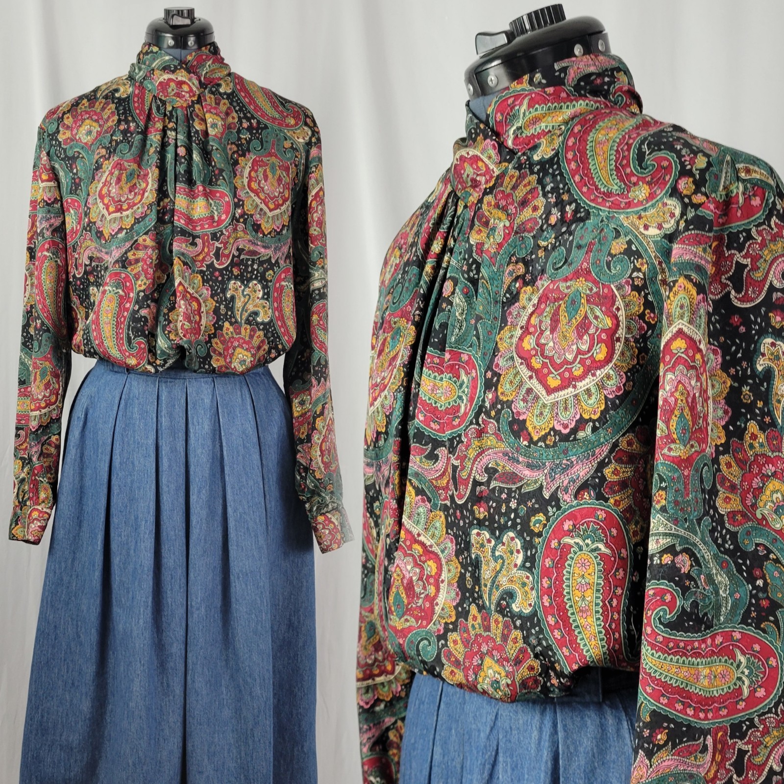 Vintage Notations Black/Red/Green/Brown Paisley Print Blouse Size 12