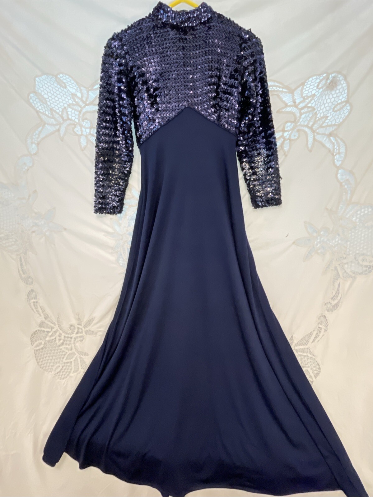 Vintage 60s 70s Blue Sequined Empire Waist Maxi Dress 34″B 53″L 27″W S XS