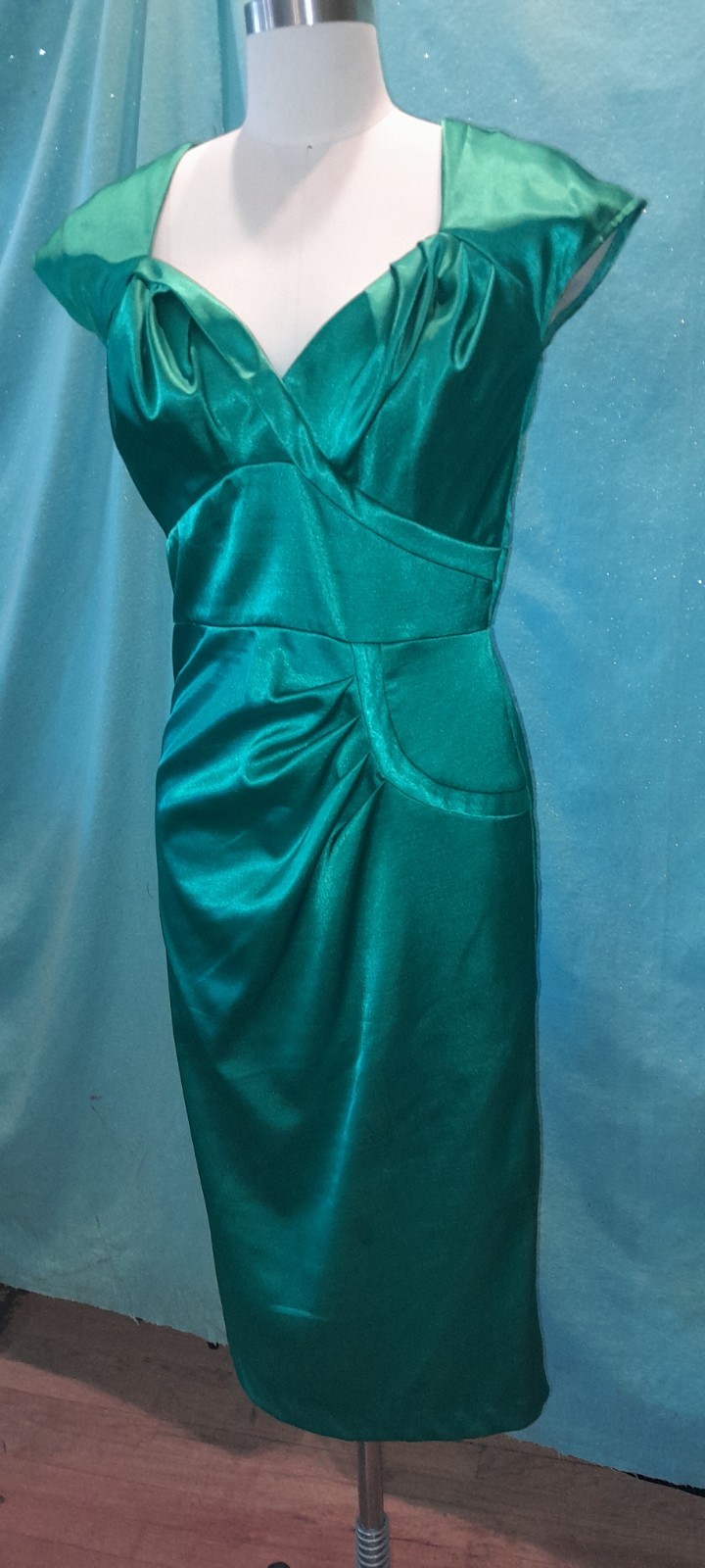 Vtg 40s 50s Style 90s Y2k Green STOP STARING Satin pin Up Wiggle Marilyn Dress L