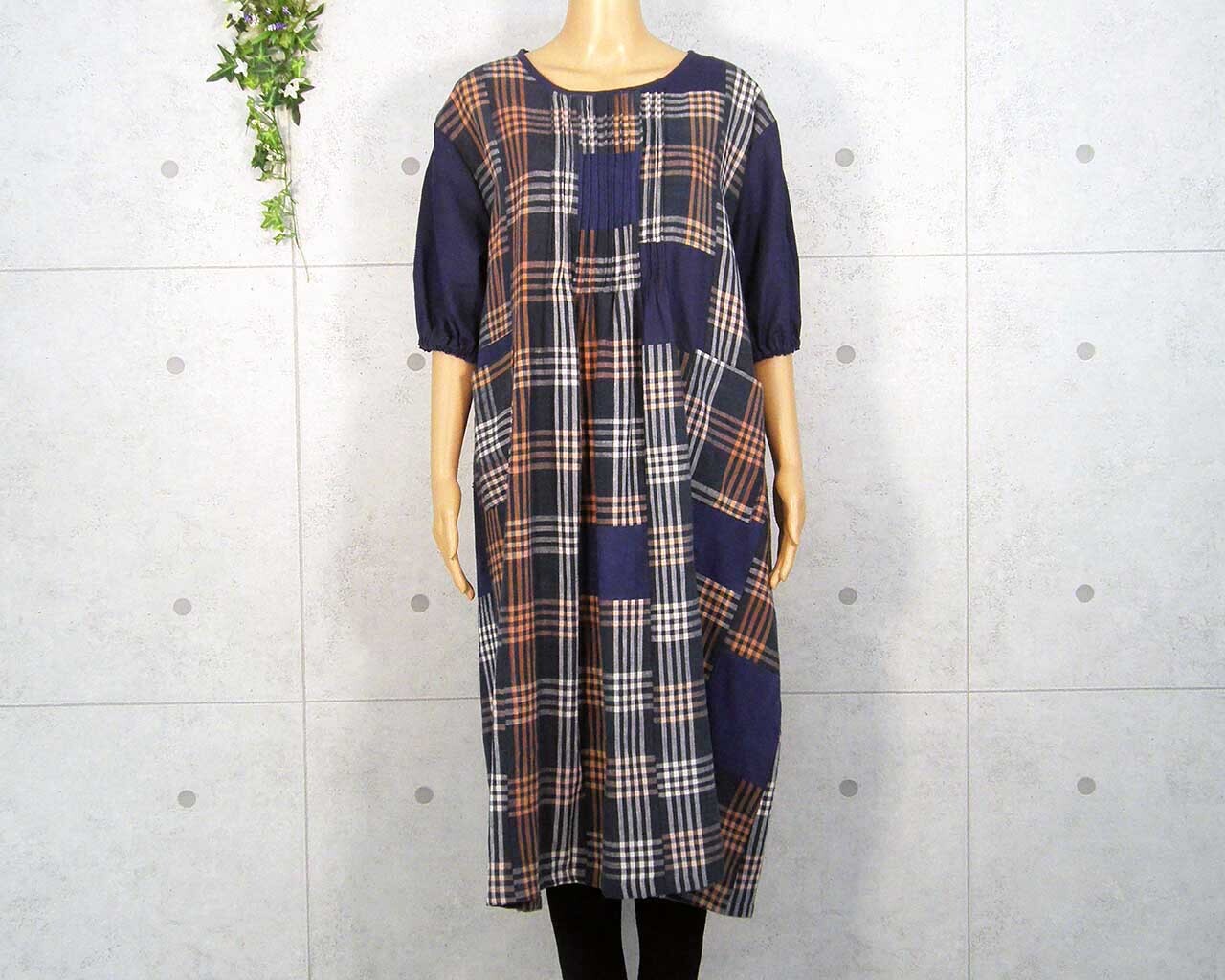 Japanese Vintage Kimono Remake Dress Cotton Indigo-dyed Round-neck Short-sleeved