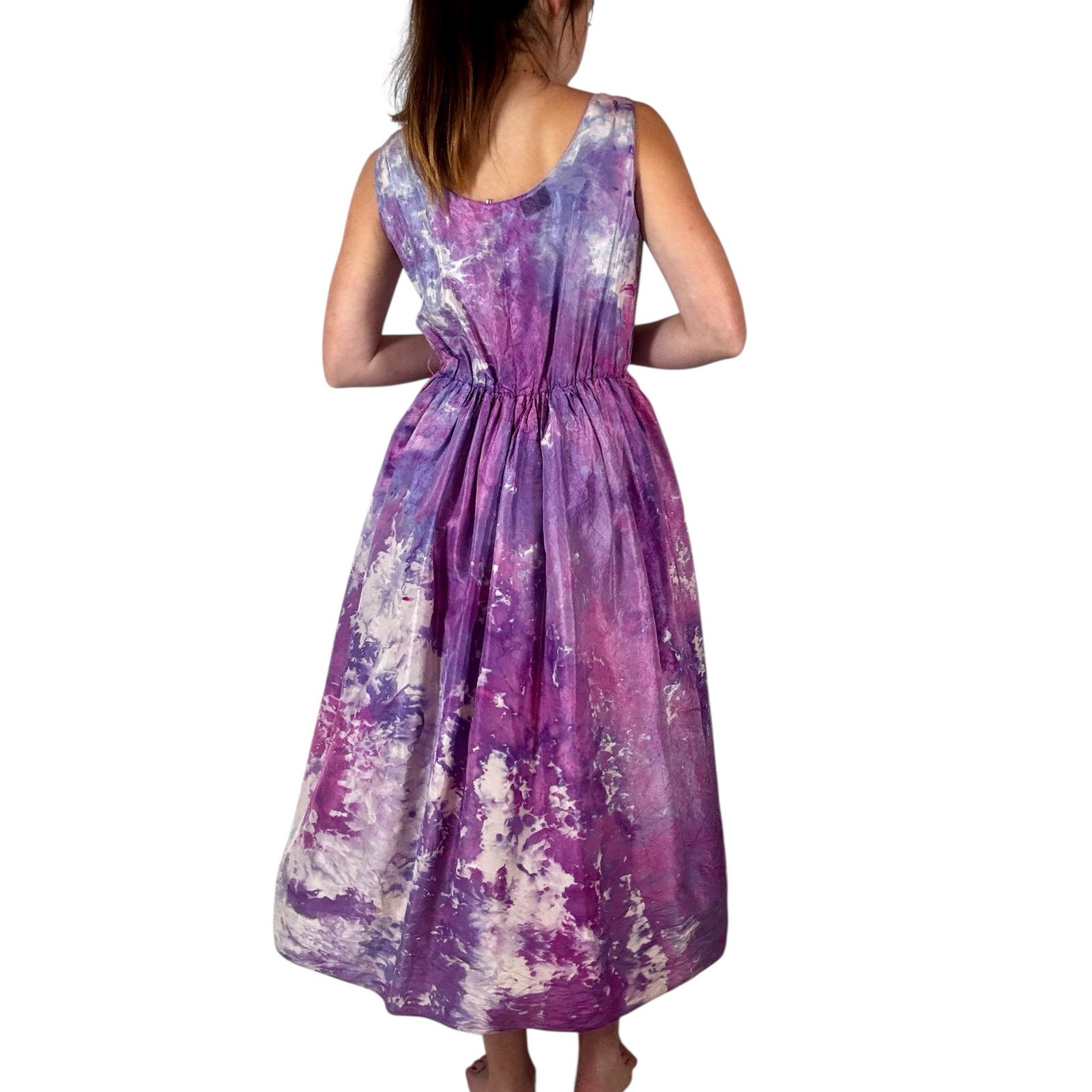 Vintage 1950s Hand Dyed Pink Purple Ice Dye Silk Fit & Flare Dress Crinoline