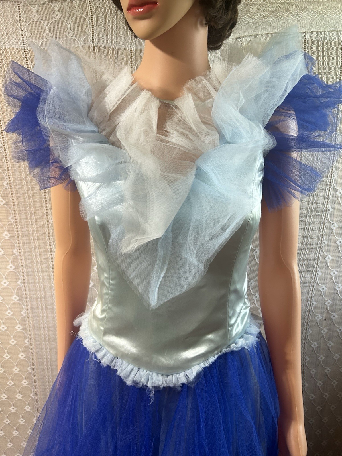 Vintage Tulle Ball Gown 34″w Theatrical Drama Ruffle Dress, Blue 80s 50s Prom
