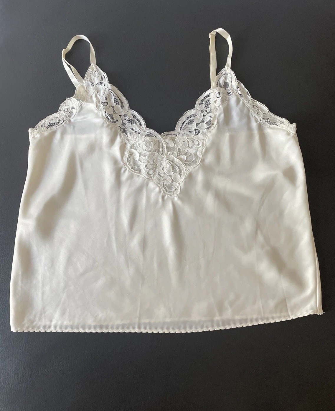 VTG I.Magnin Women’s Sz M/L Short Chamise Crop Top Lace Trim Cream Satin GUC