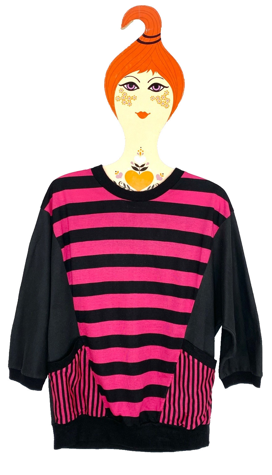 Vintage 1980s pink black striped top pullover shirt 3/4 sleeve oversized pockets