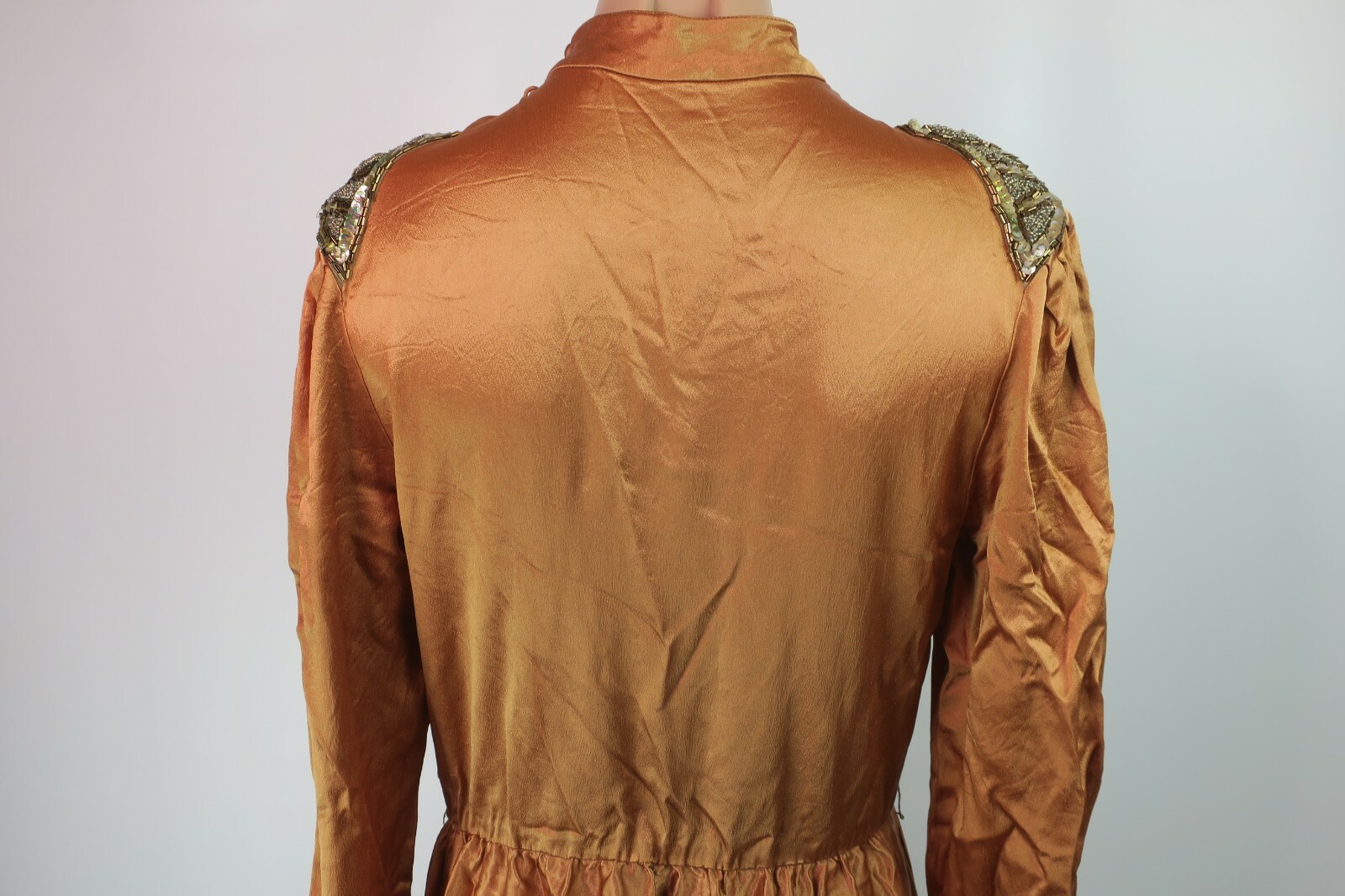 VTG 80s Bronze Gold Metallic House Dress Jonathan Hitchcock Sequin Fit Flare M/L