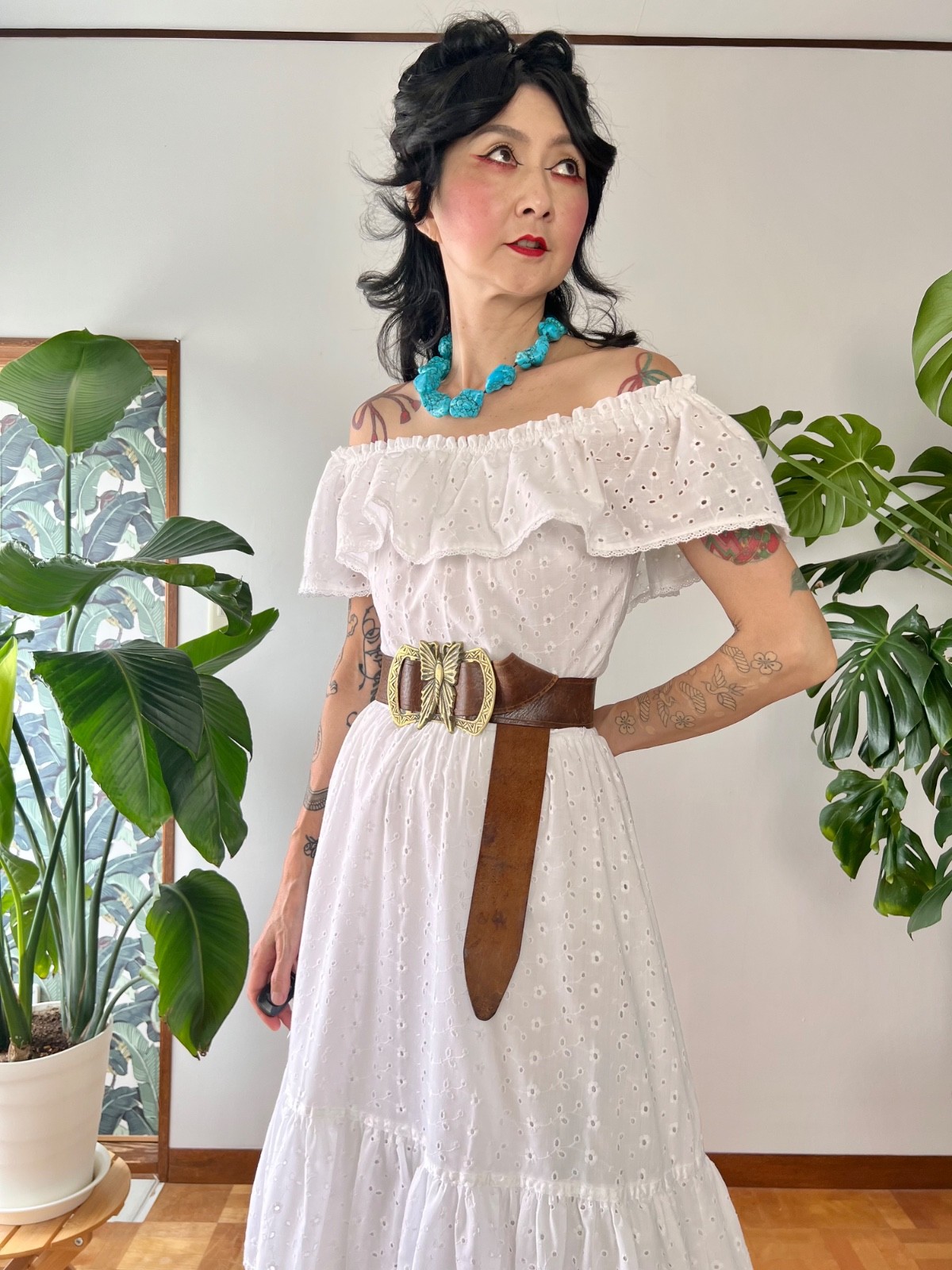 VTG 70s Lanz White Eyelet Lace Off Shoulder Ruffle Cotton Midi Prairie Dress S