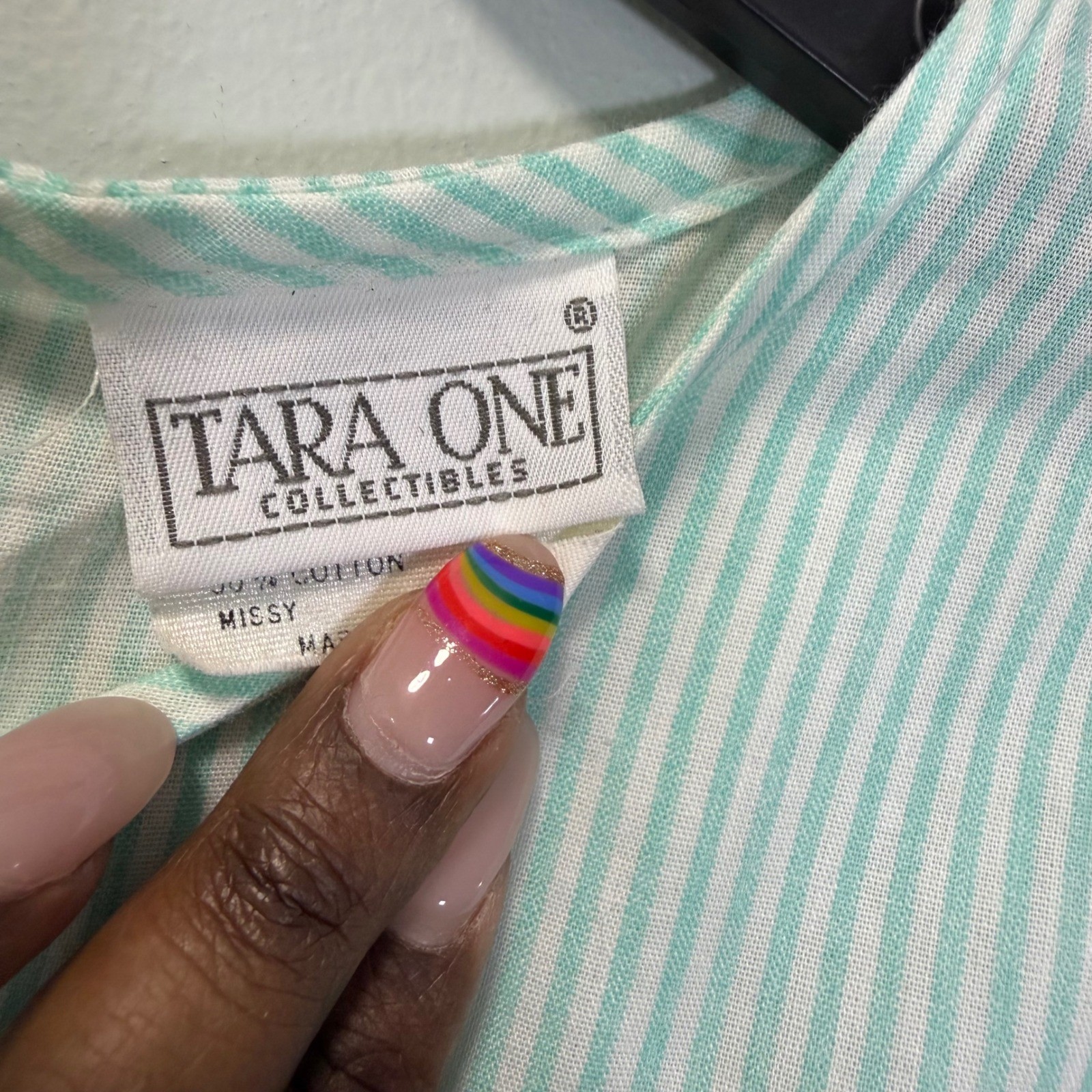 Vintage Tara One Collectibles Teal White Striped Lace Trim Button Back Blouse
