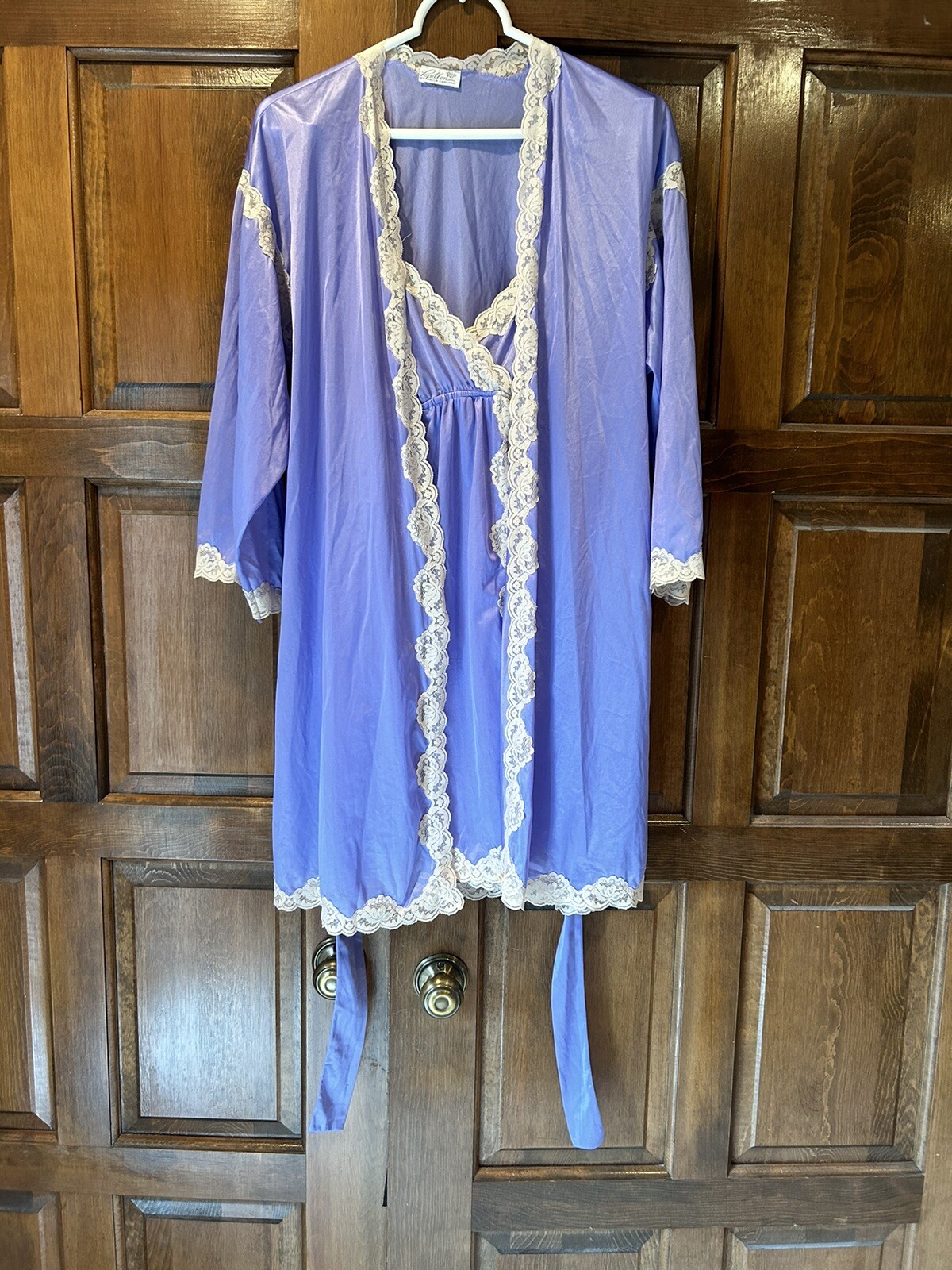 Vtg Papillon Paula Carbone Purple Satin Lace Nightgown Robe Peignoir Set 2pc