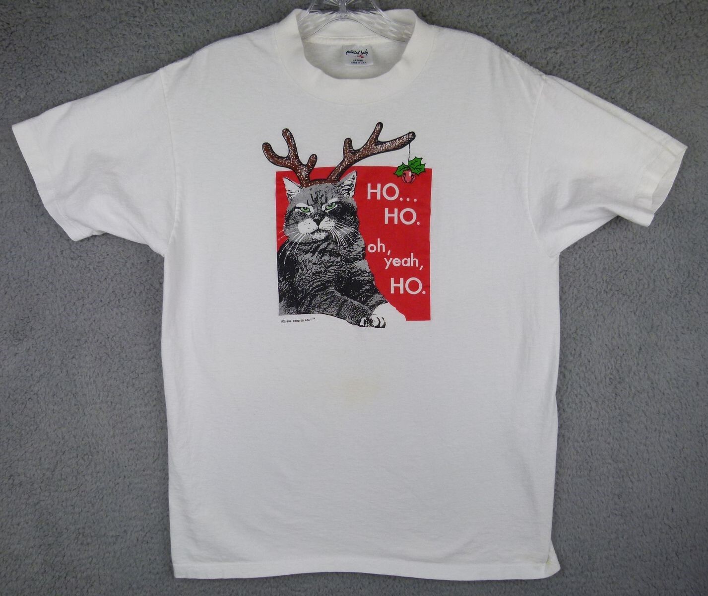 Vintage Painted Lady Womens Large Cat Reindeer Christmas 1991 T-Shirt – Stained