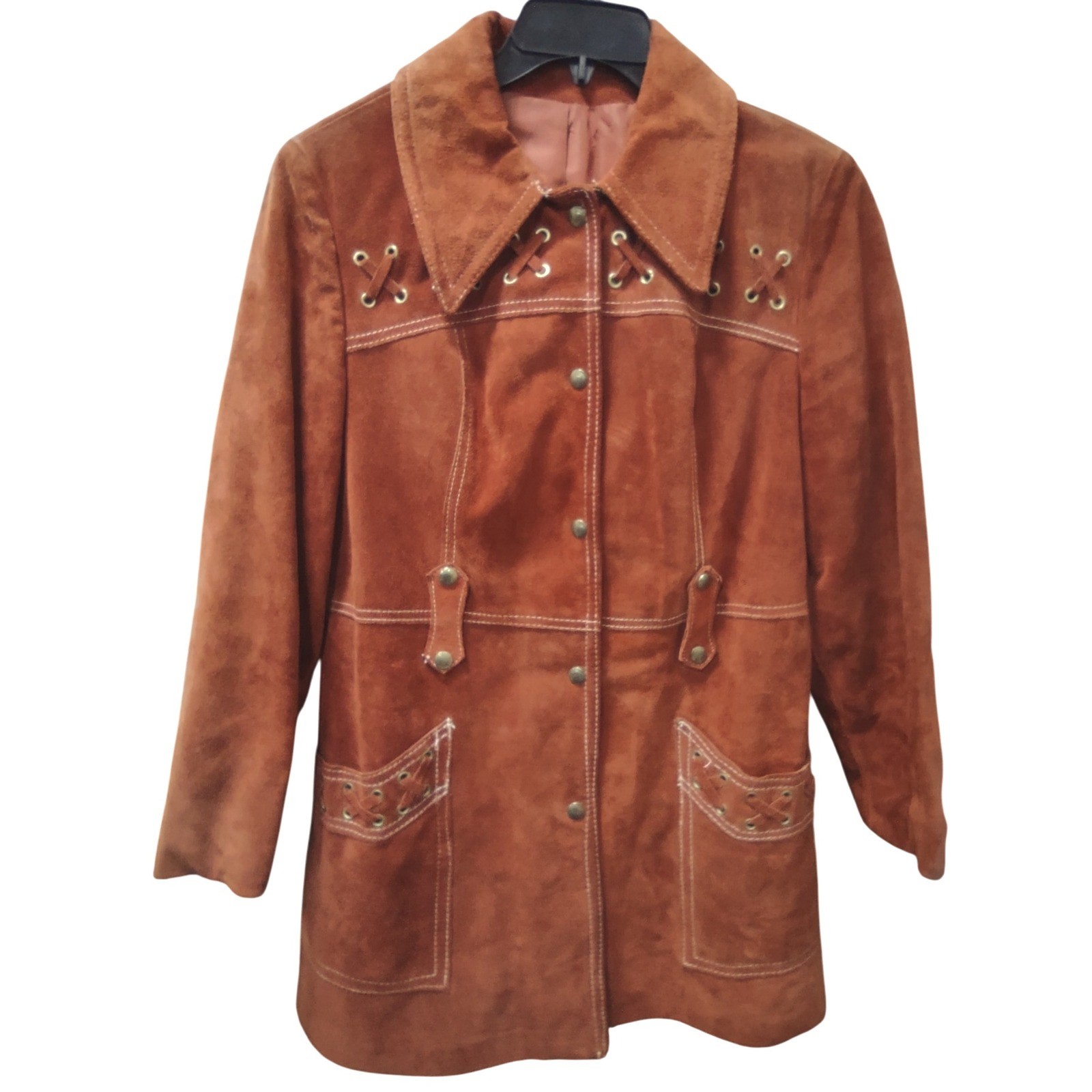 Vintage 70s Burnt Orange Suede Coat Womens Size 13 Snap Closure Lace Up Design