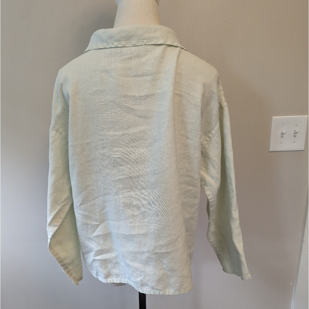 Vintage 90s Minimalist Sea Foam Linen Collared Top Women’s Medium Quiet Luxury