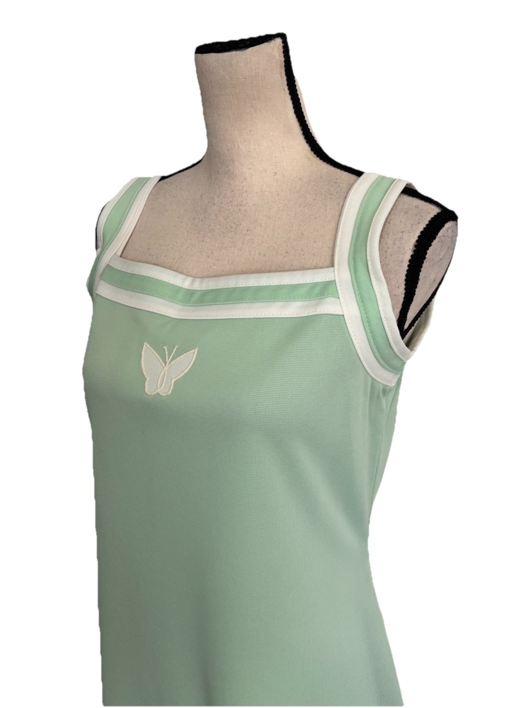 Vintage 1970s Dress Mint Green Butterfly Accent White Trim Summer Size 16