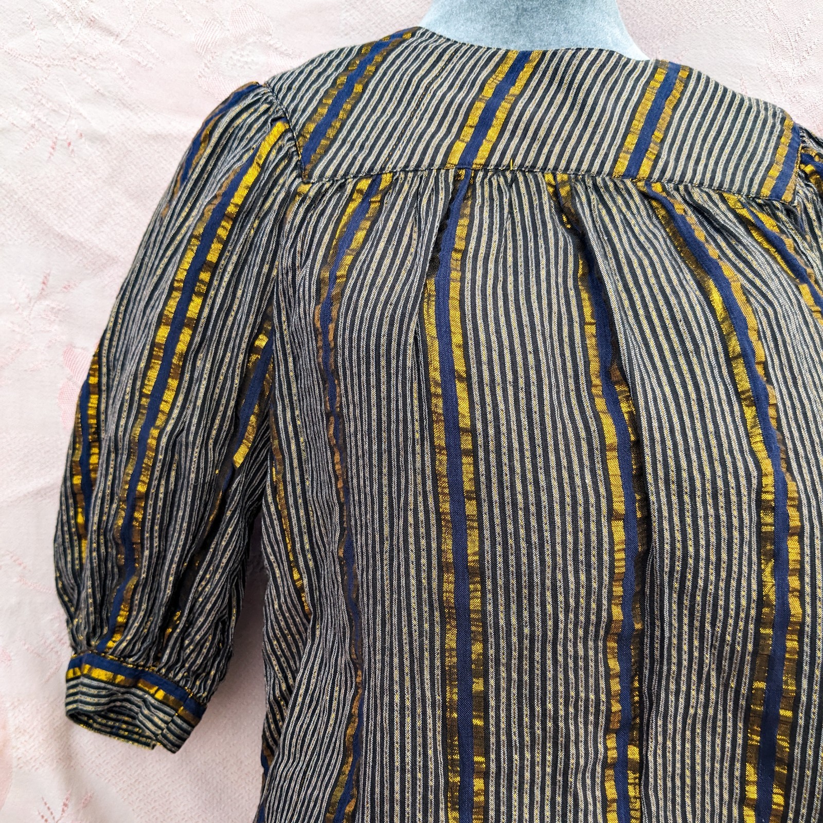 Vintage 70s Adini India Blouse S Navy Gold Lurex Metallic Stripe Boho Tunic Top
