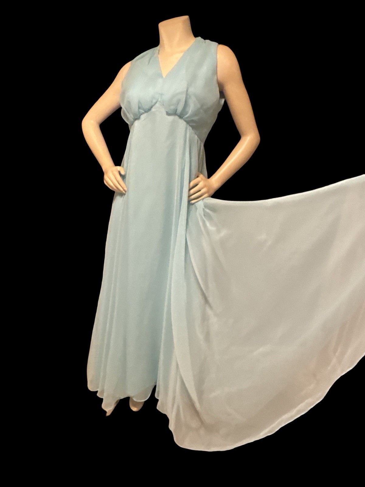 1970s Blue Chiffon Hostess Maxi Dress Empire Waist Cape Overlay MIL Dress 14 VTG