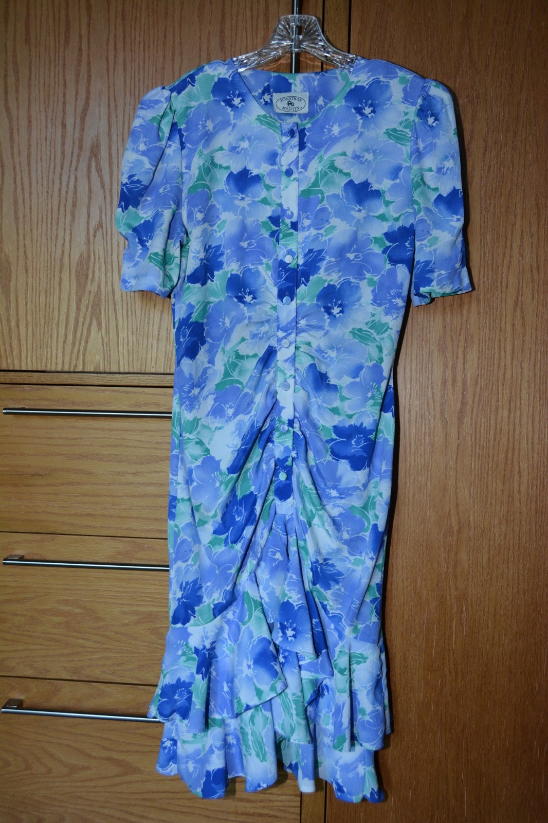 EUC 🌟 Stunning Vintage Jonathan Martin Blue Floral Ruffle Hem Dress Size M
