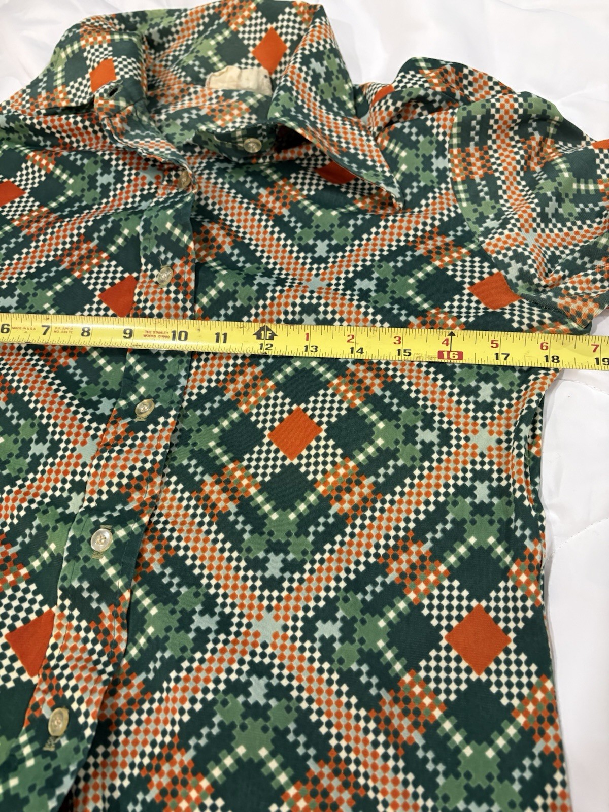70’s Women Geometric Pointed Collar LS VTG button Down Polyester S No Tag