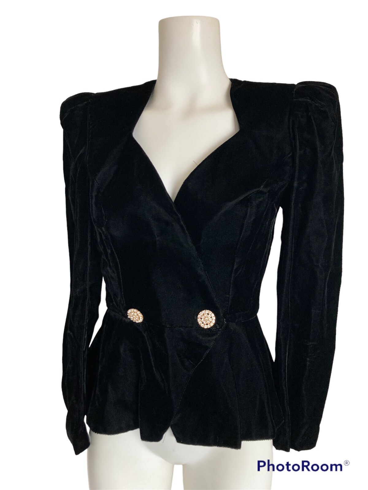Vintage 80’s Black Velvet Mutton Sleeve Peplum Blazer Rhinestones Bow Sz S 4-6