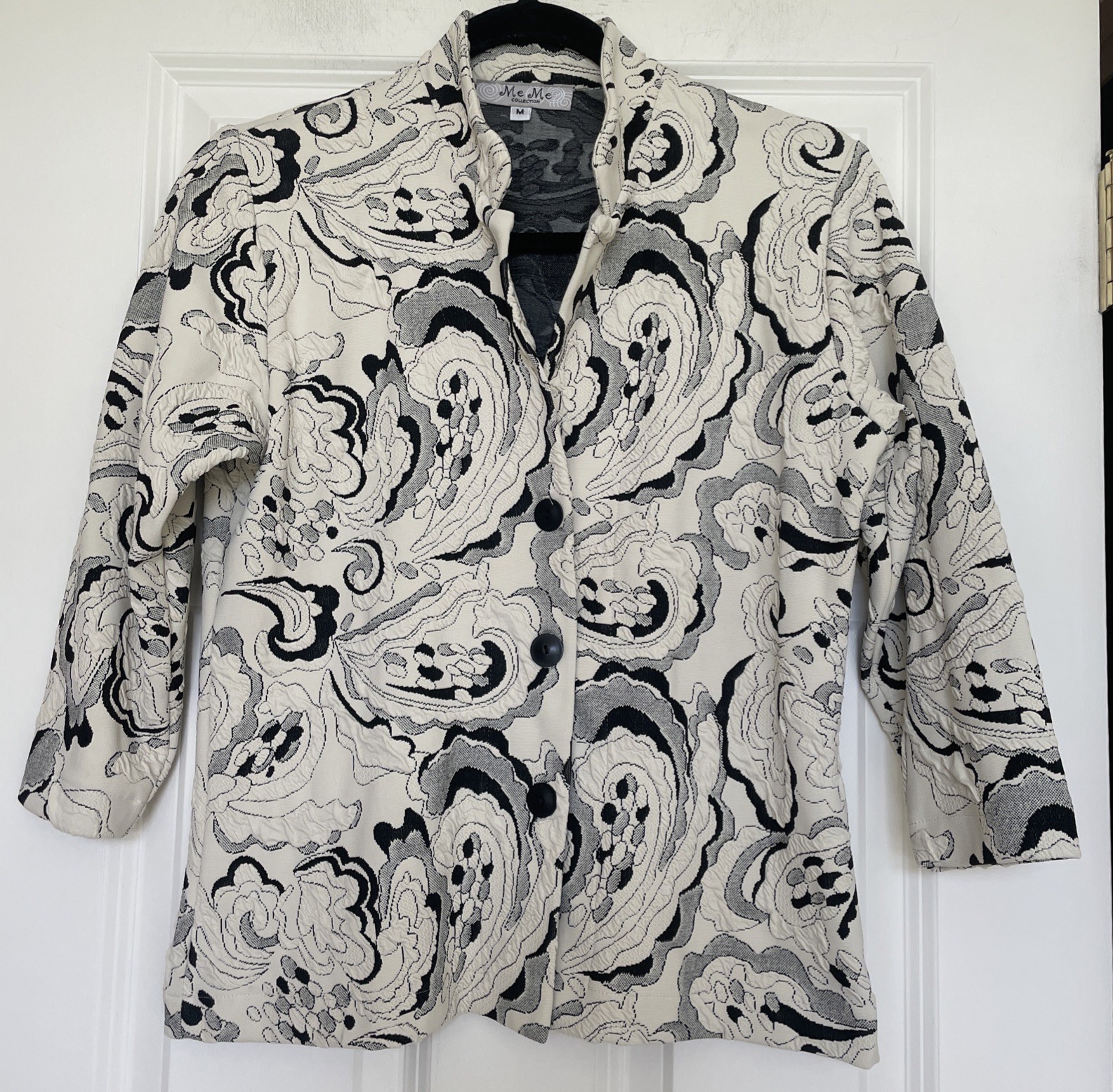 Vtg Me Me Black Jacquard Paisley Set Size M 3/4 Sleeve Jacket Sleeveless Top