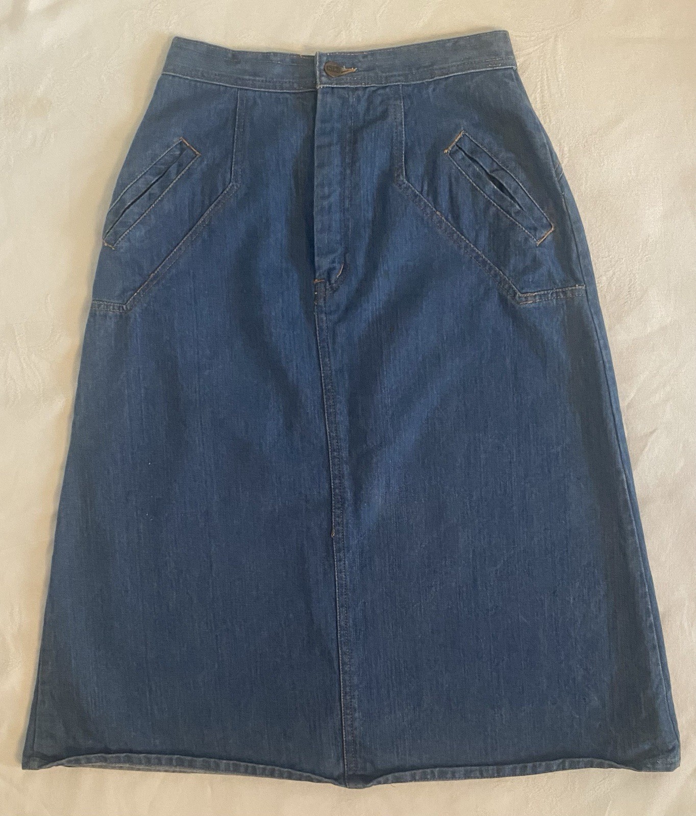 Vintage 70s Hi-Hi Denim Midi Jean Skirt Women’s 11/12 A-Line 100% Cotton Slit