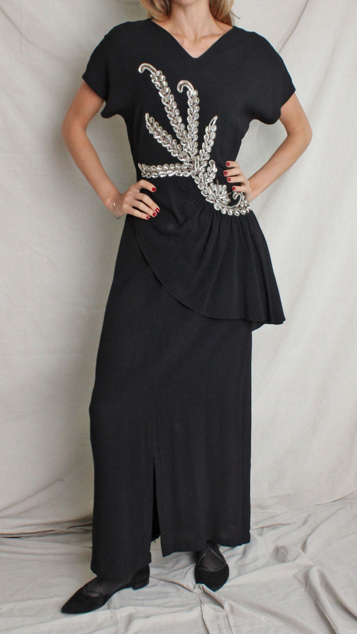1940s veg sequin appliqué black rayon crepe peplum gown dress dries van noten