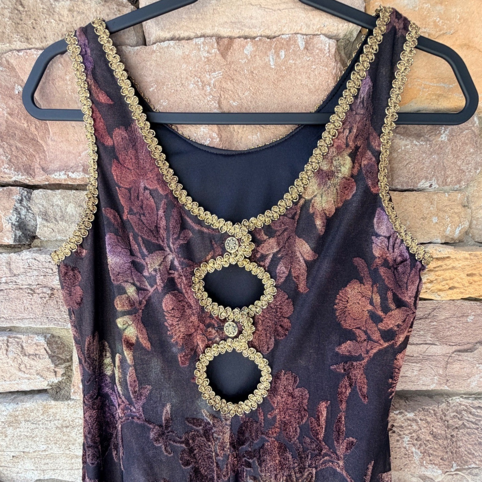 VTG Joseph Ribkoff Women 8 Whimsigoth Dark Floral Burnout Cutout Trim Maxi Dress