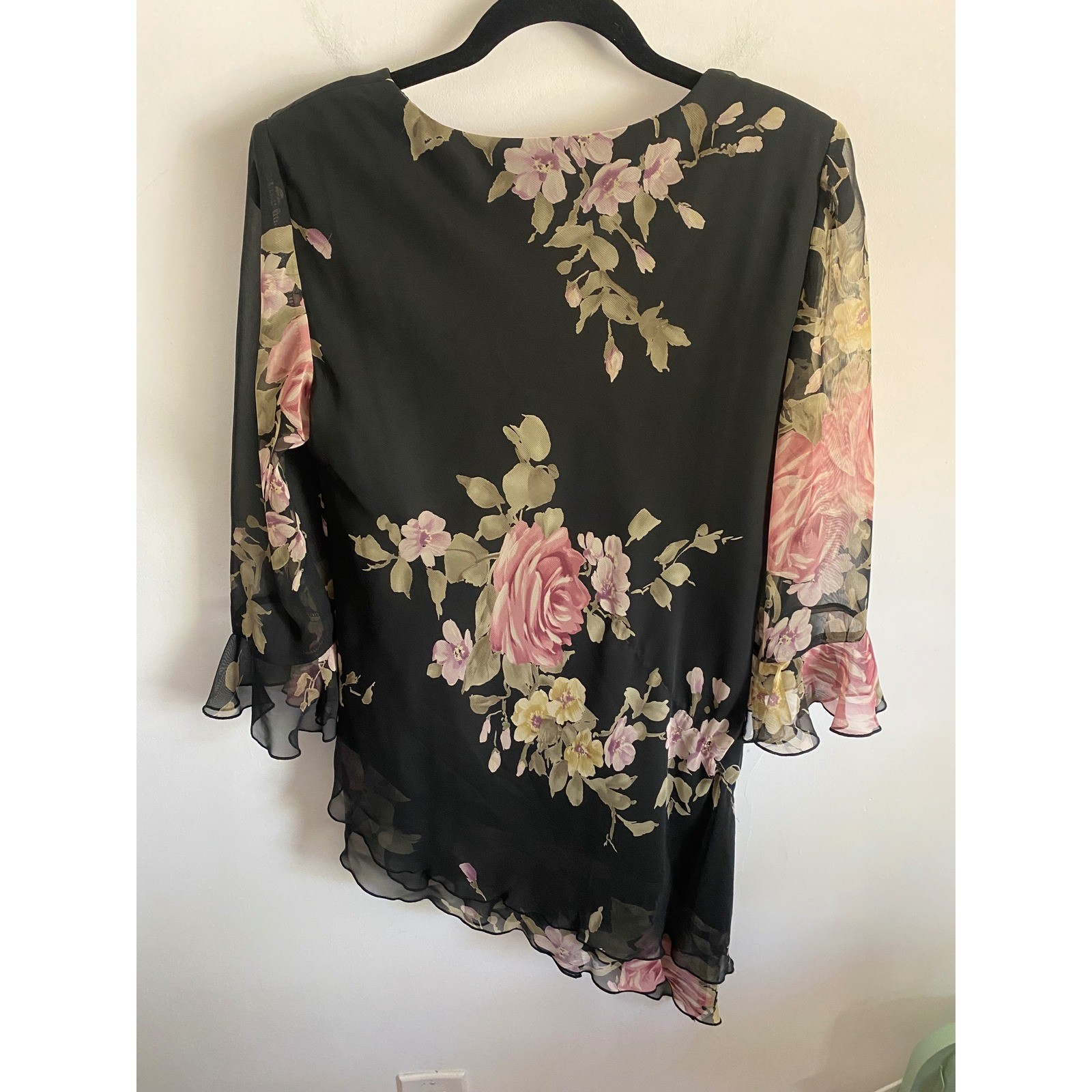 Jessica Howard Womens Floral Chiffon 2 Piece Skirt Set Black Pink Rose Maxi Top