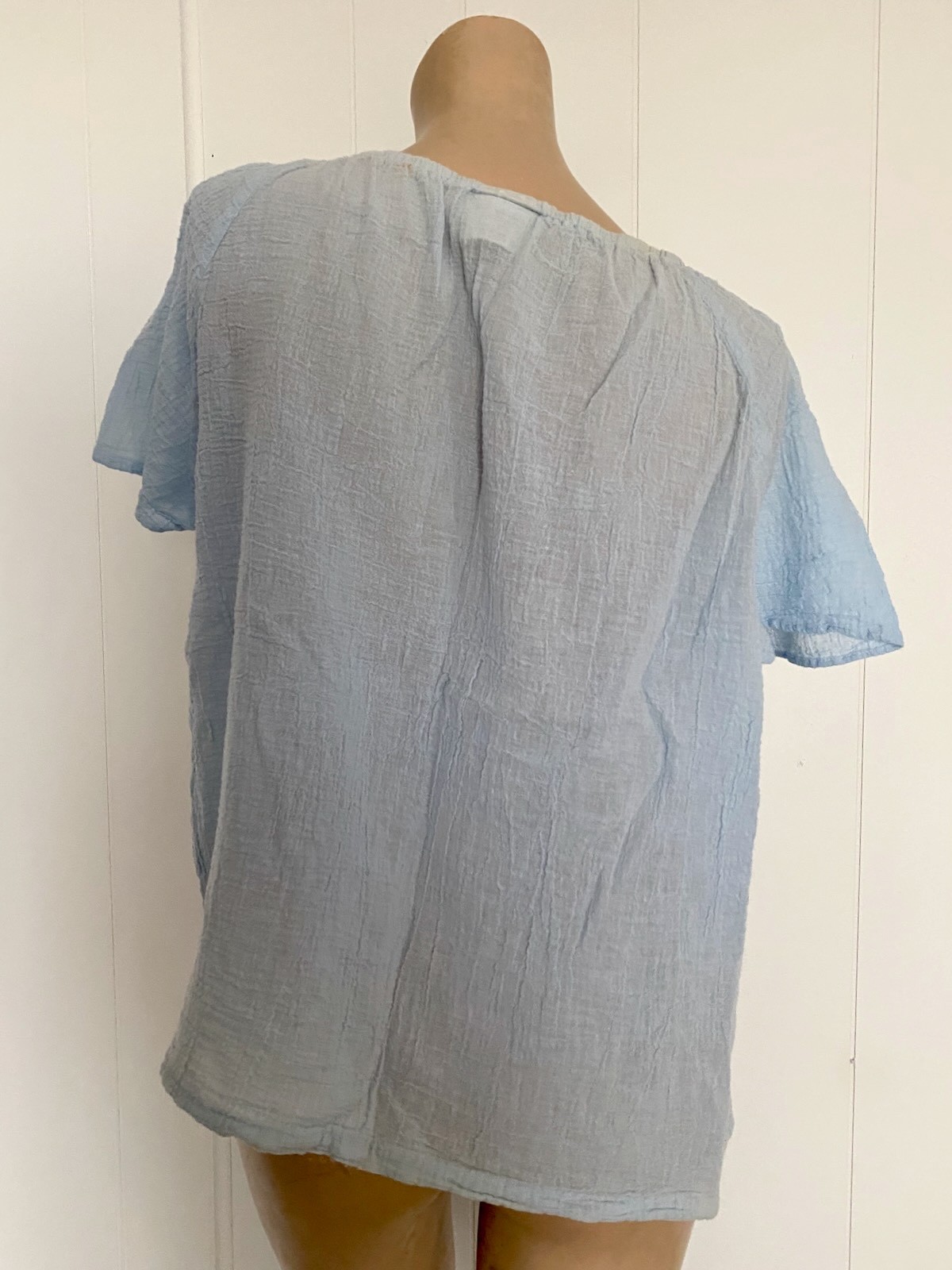 Vintage 1970s Alley Cat Baby Blue Gauzy Cotton Peasant Blouse M L