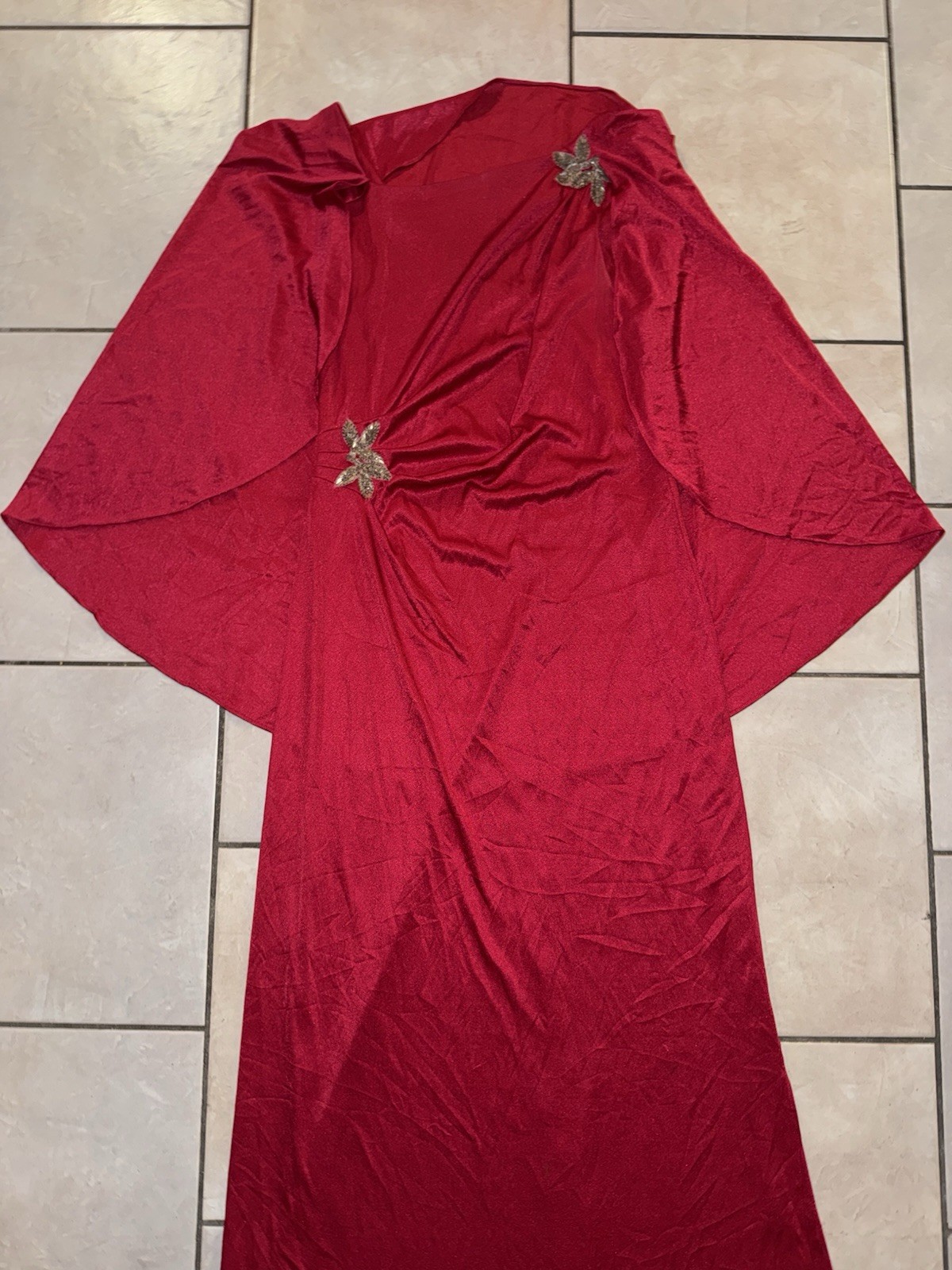 Vintage 1970s Red Cape Sleeve Evening Gown Draped Grecian Maxi Dress