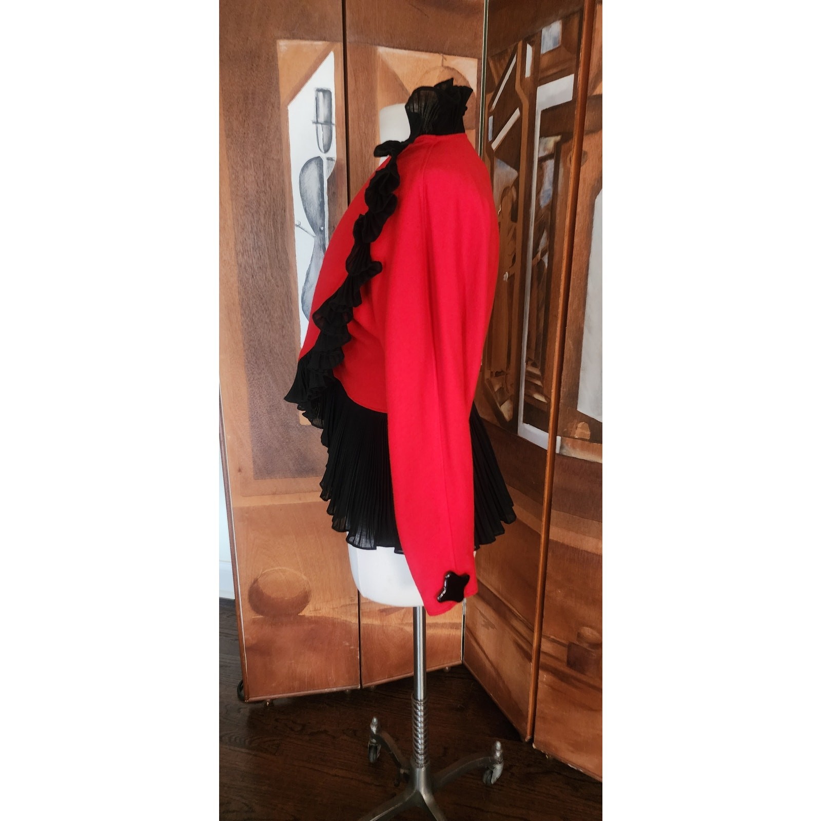 Vintage 1980s Jean Muir Jacket Red Black Ruffle Trim Evening Blazer with Peplum