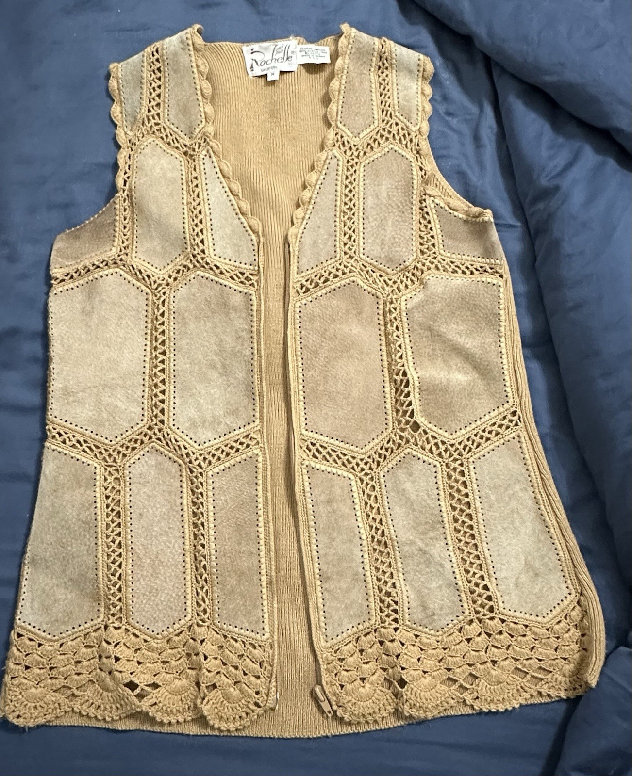 Vintage 70s Suede Leather Crochet M Patchwork Vest Gilet Rochelle California