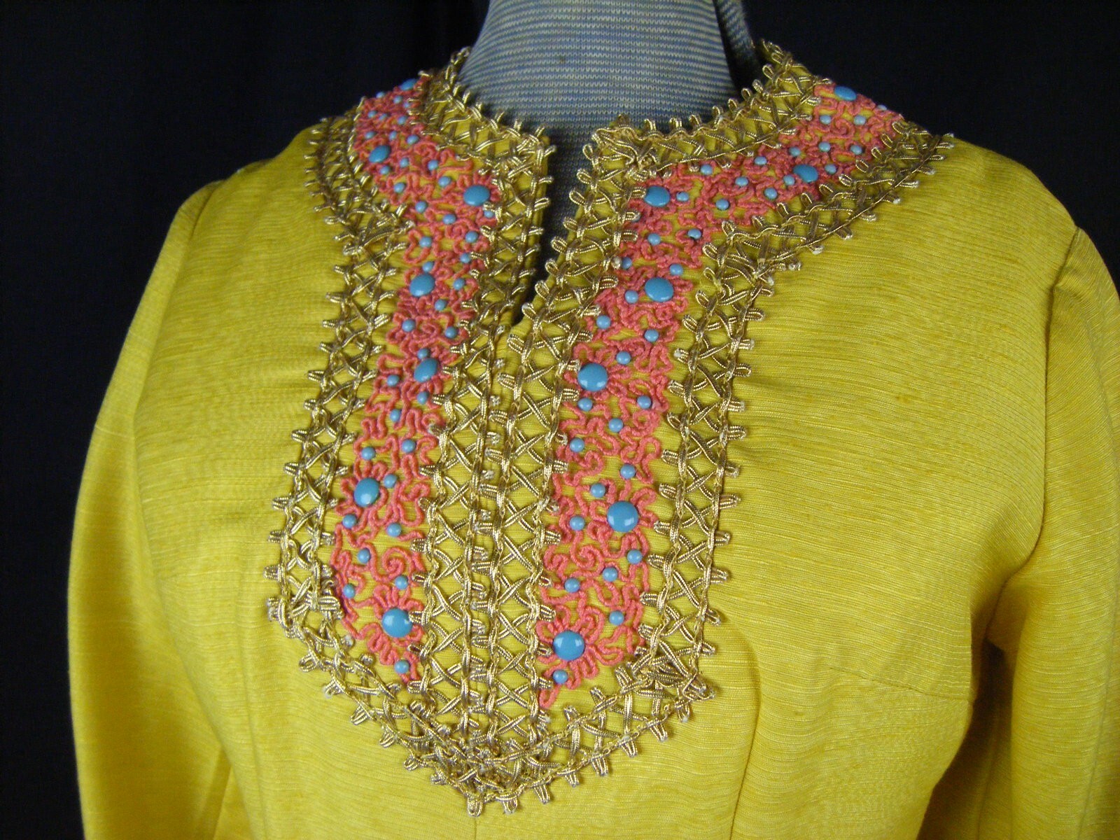 EMMA DOMB Vtg 60s Yellow Crepe Jeweled Embellishment Dress-Bust 36/S,AS-IS
