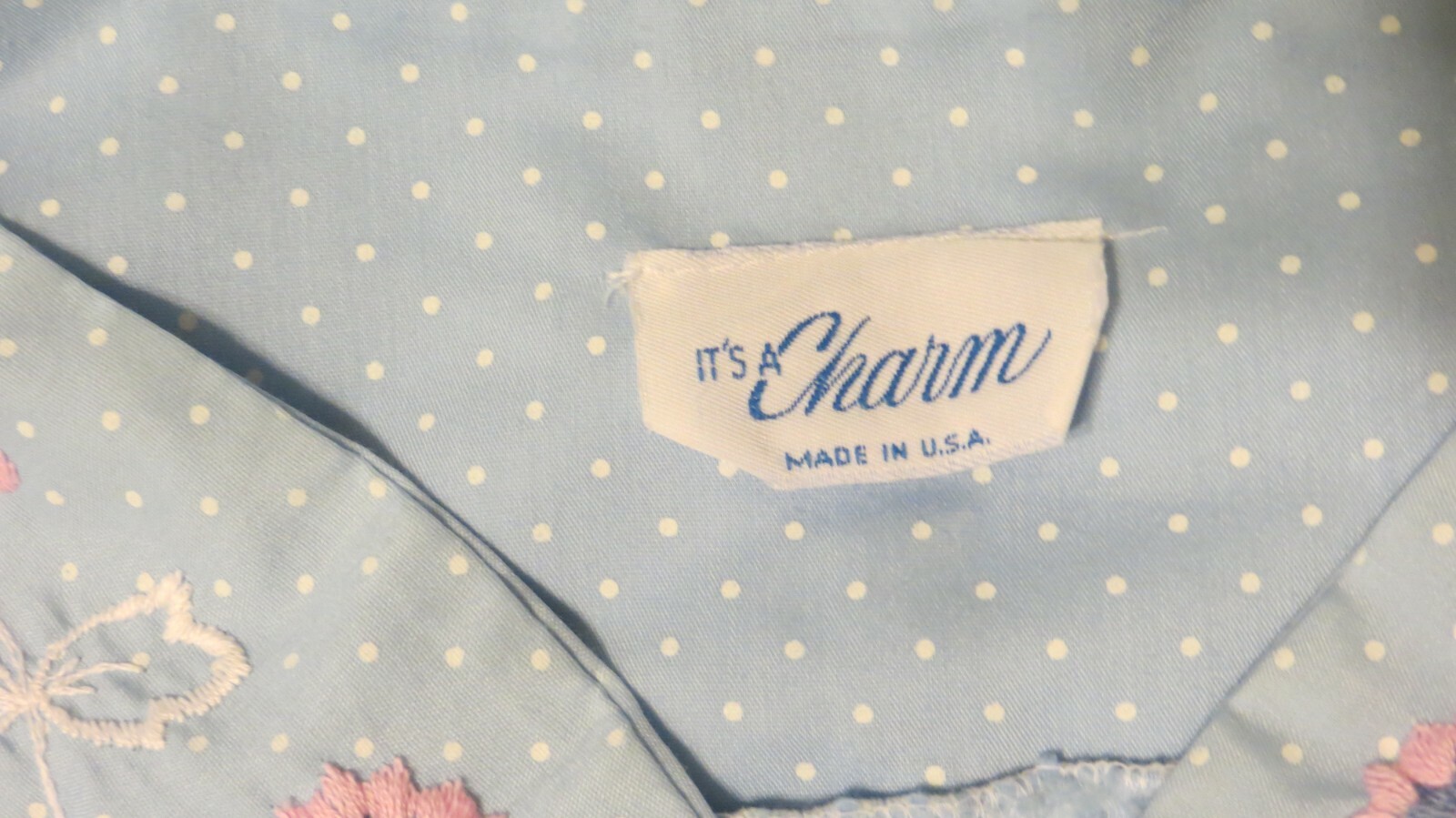 It’s a Charm Housedress Robe Vintage Look Womens M/L Blue White Dots Floral Snap