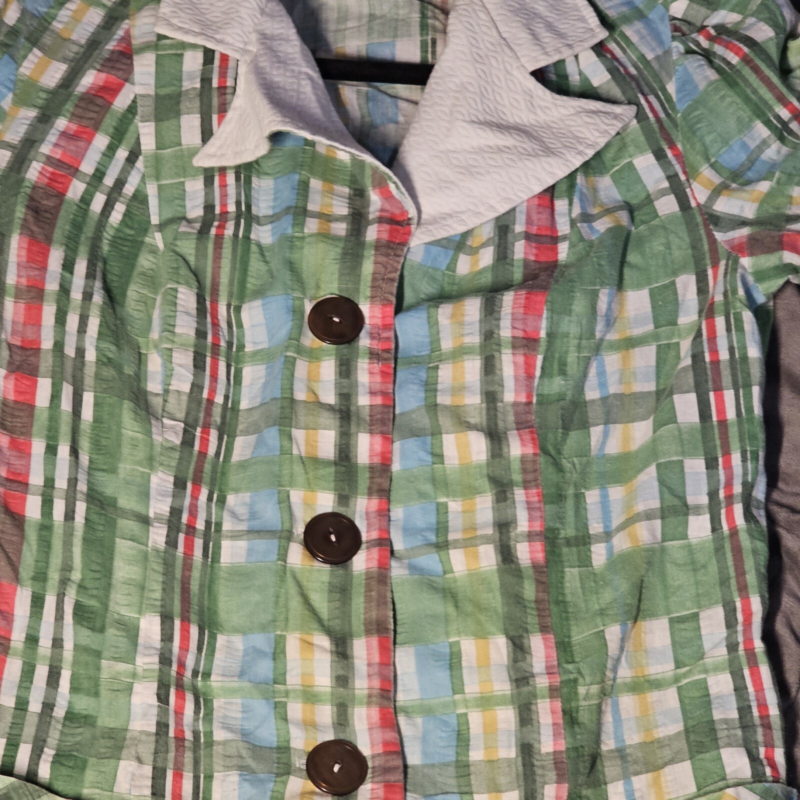 VTG Sears Fashions Shortsleeve Blouse Plaid Pastel Green Collared Cotton 70s 14