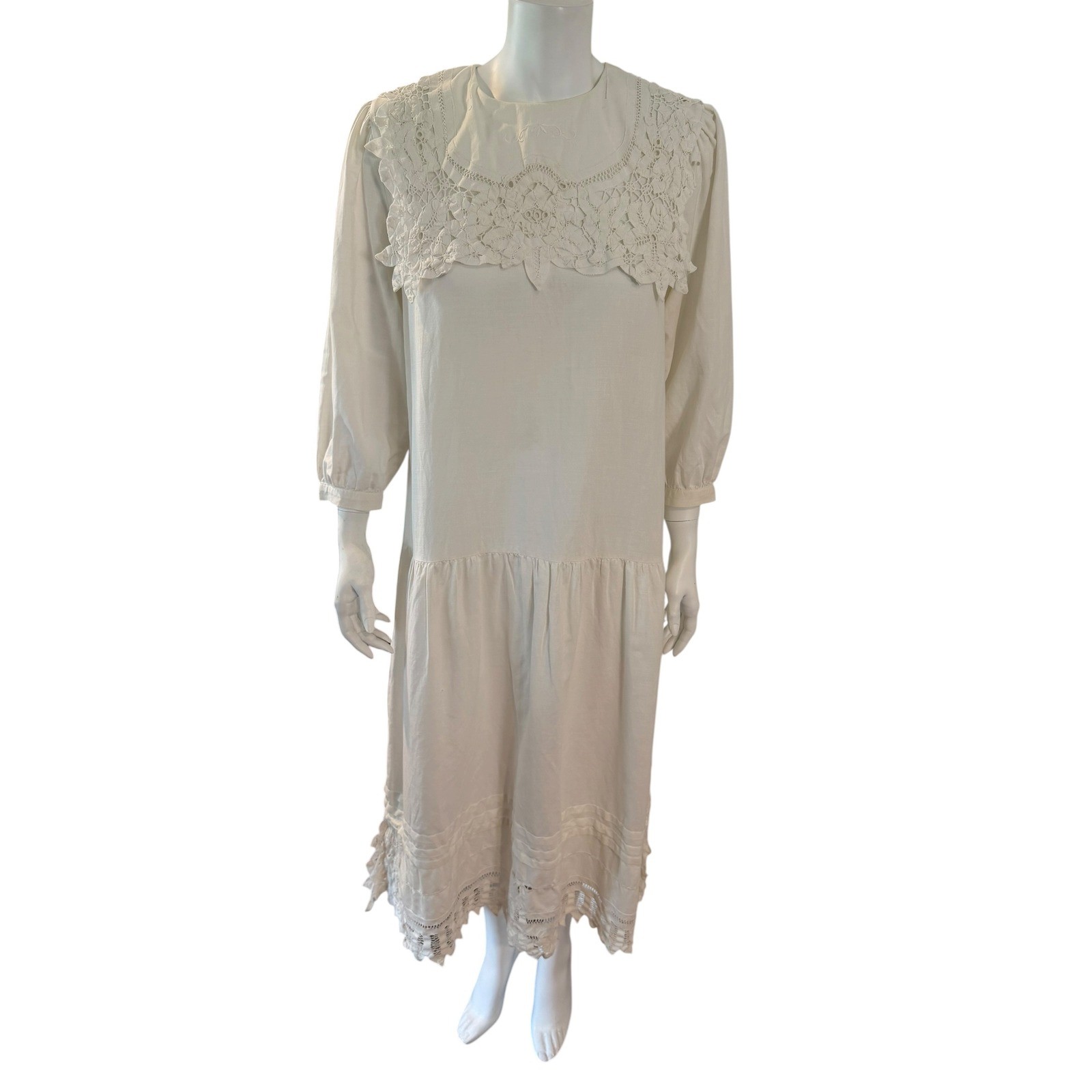 Paper White Vintage 80s Lace Victorian Revival Midi Dress Off White Medium Large