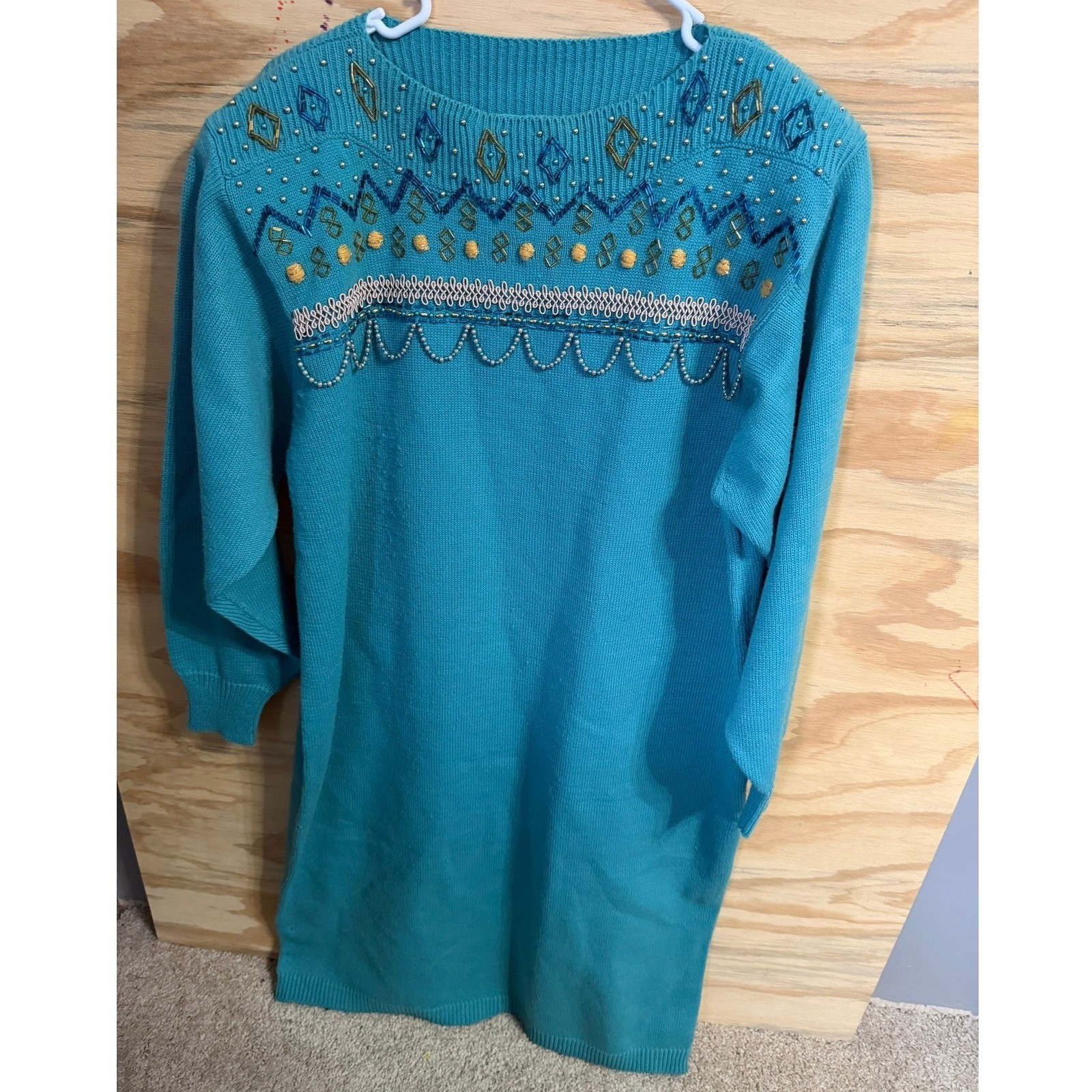 Vintage Darian Sweater Dress Women’s Large Beaded Embellished Teal