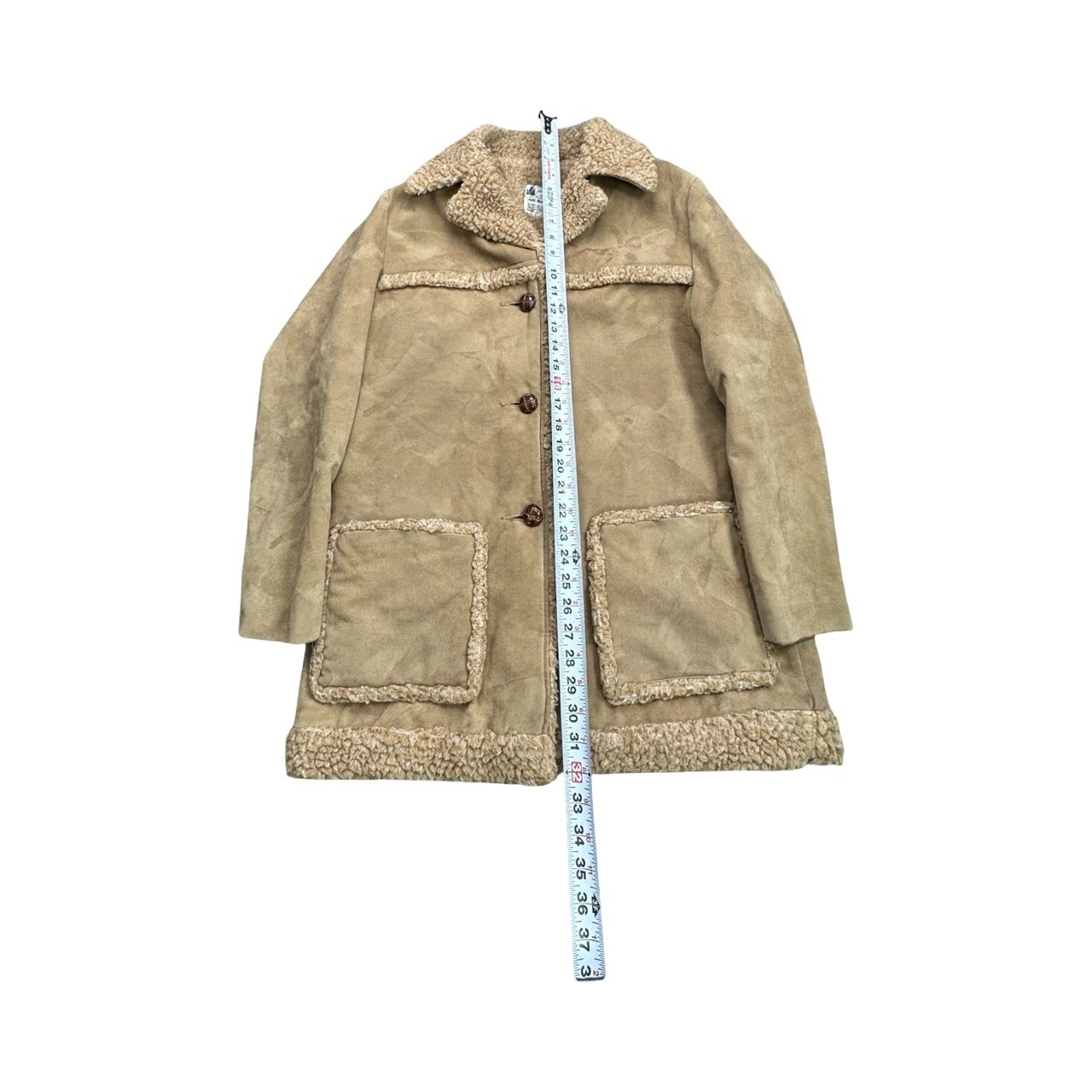 Fingerhut Fashions Coat Women 16 Tan Faux Suede Sherpa Trim Vintage 70s Boho USA