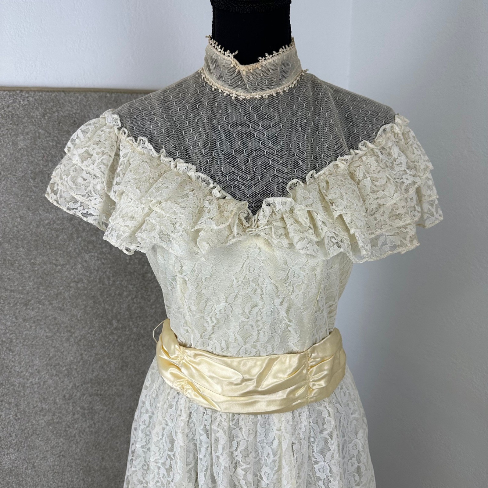 Vintage Candi Jones California Lace Maxi Dress Yellow Sash Victorian Prairie 9