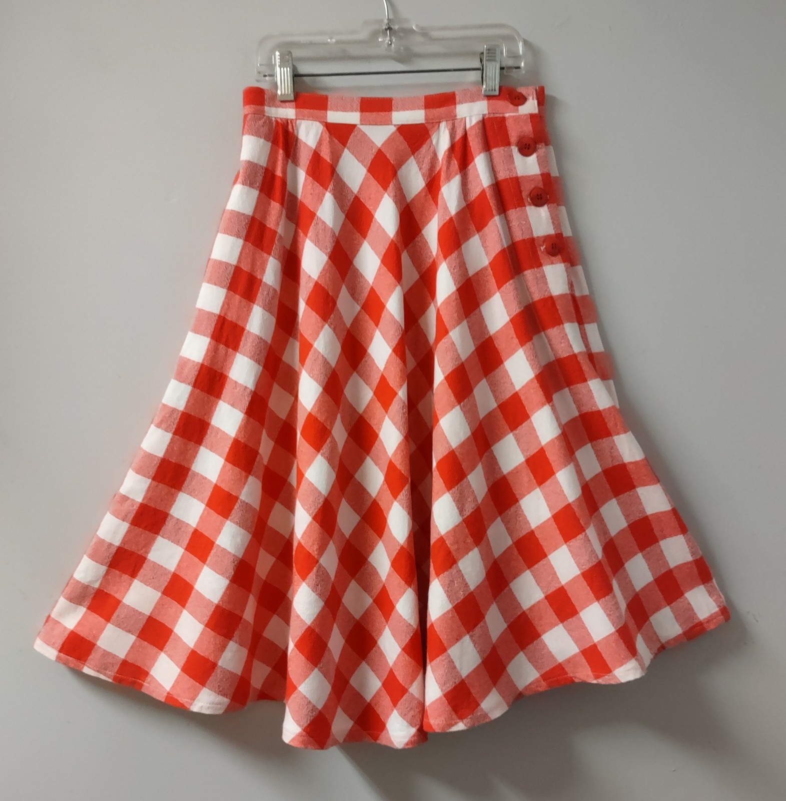 Vintage 60’s Red White Gingham Bias Barkcloth Rockabilly Skirt Buttons Side XS