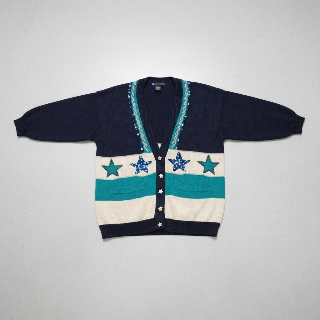 I.B. Diffusion Star Cardigan Womens Medium Navy Teal Sequin Vtg 90s Good Starry