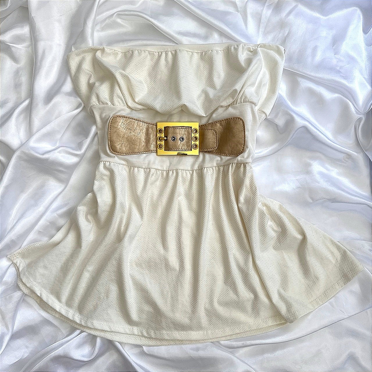 Max Rave Vintage Y2K Cream Metallic Belted Tube Top Strapless Babydoll Large