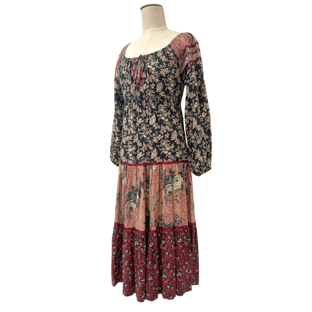 Vintage 1970s Young Edwardian by Arpeja Floral Patchwork Tiered Boho Dress